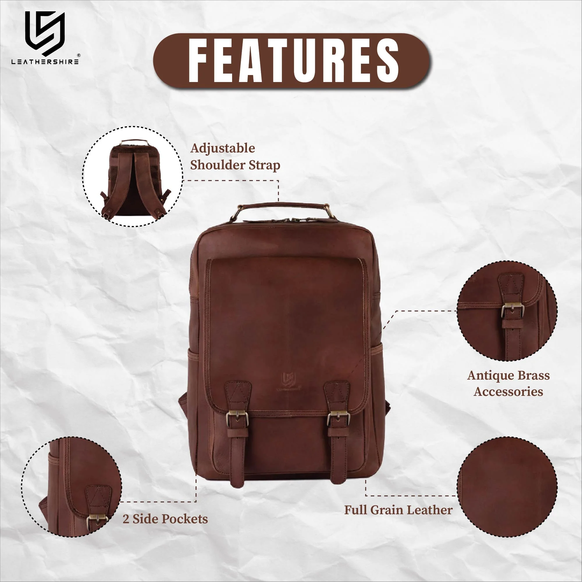 The London Dark Brown Vintage Handmade Backpack - Image 3