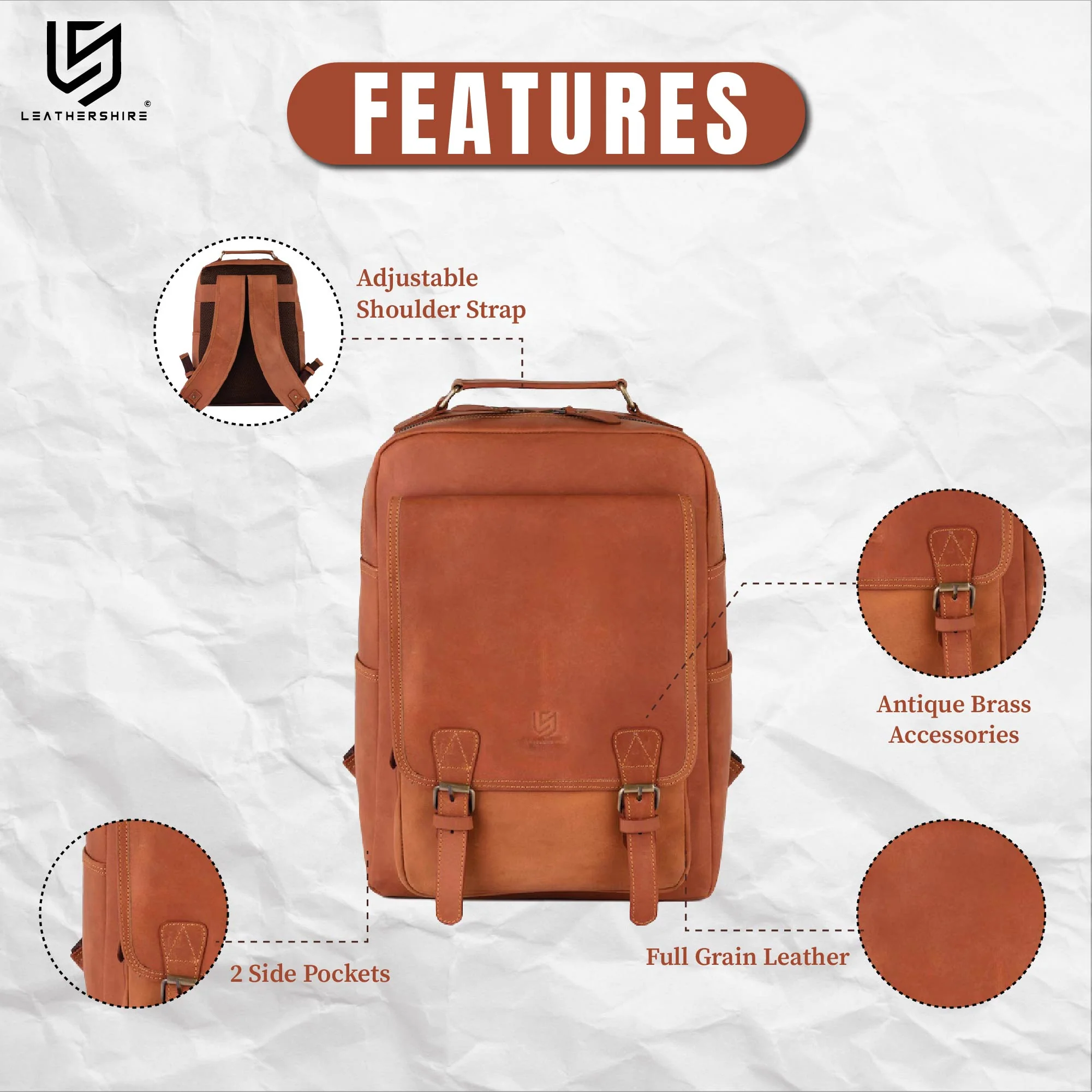 The East Sussex Tan Brown Handmade Leather Backpack - Image 3