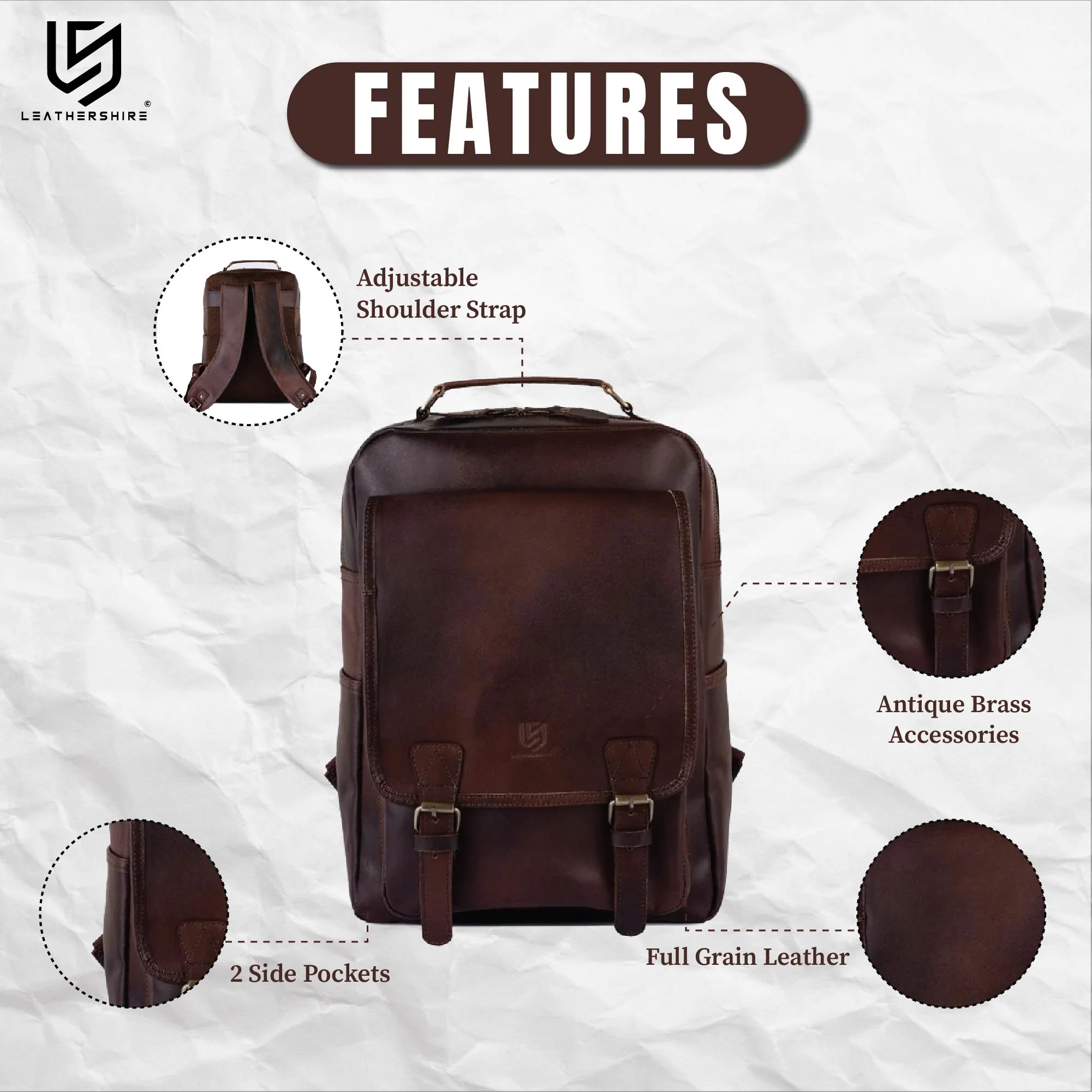 The Herefordshire London Brown Vintage Style Leather Rucksack - Image 3