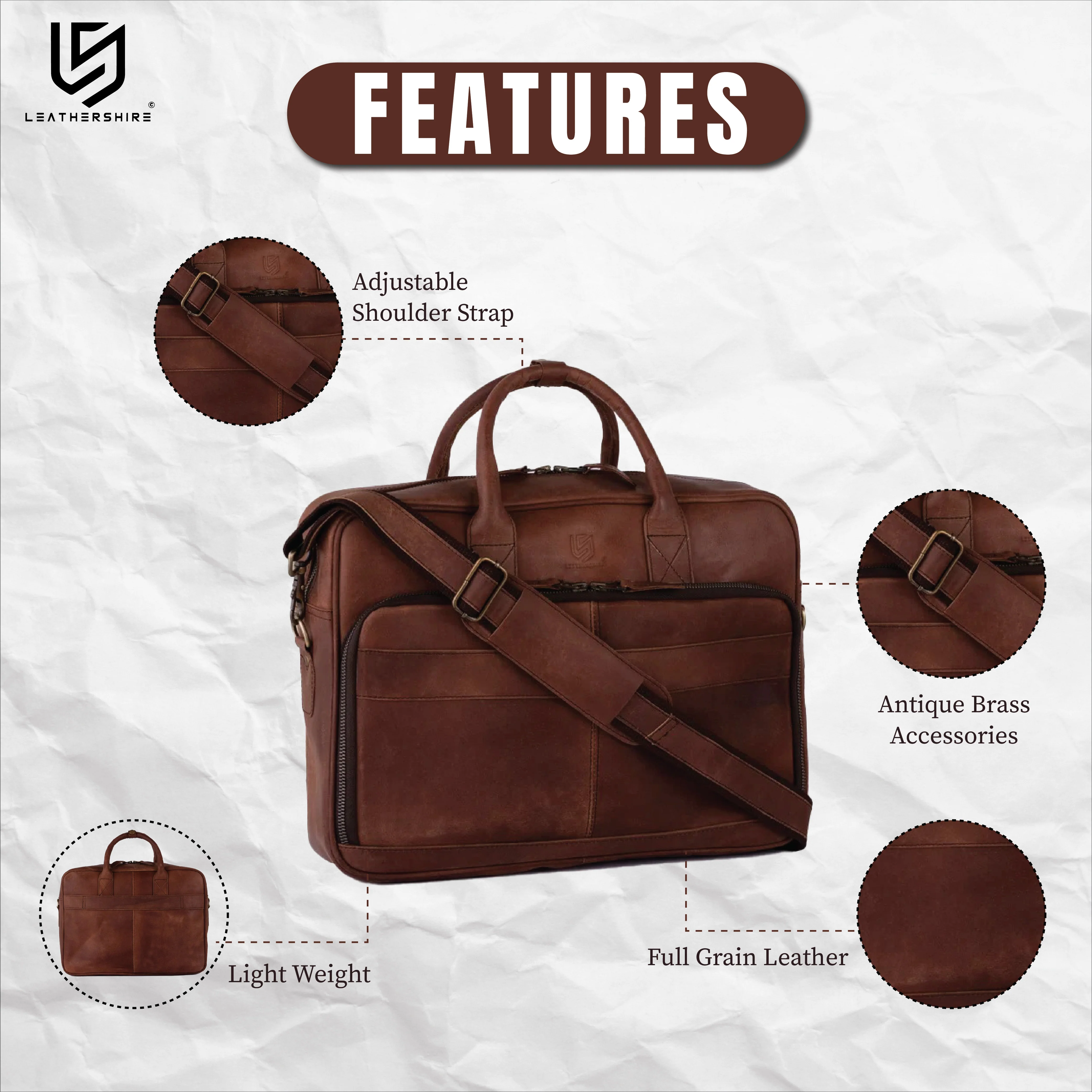 The Buckinghamshire Brown Leather Crazy Horse Laptop Bag - Image 3