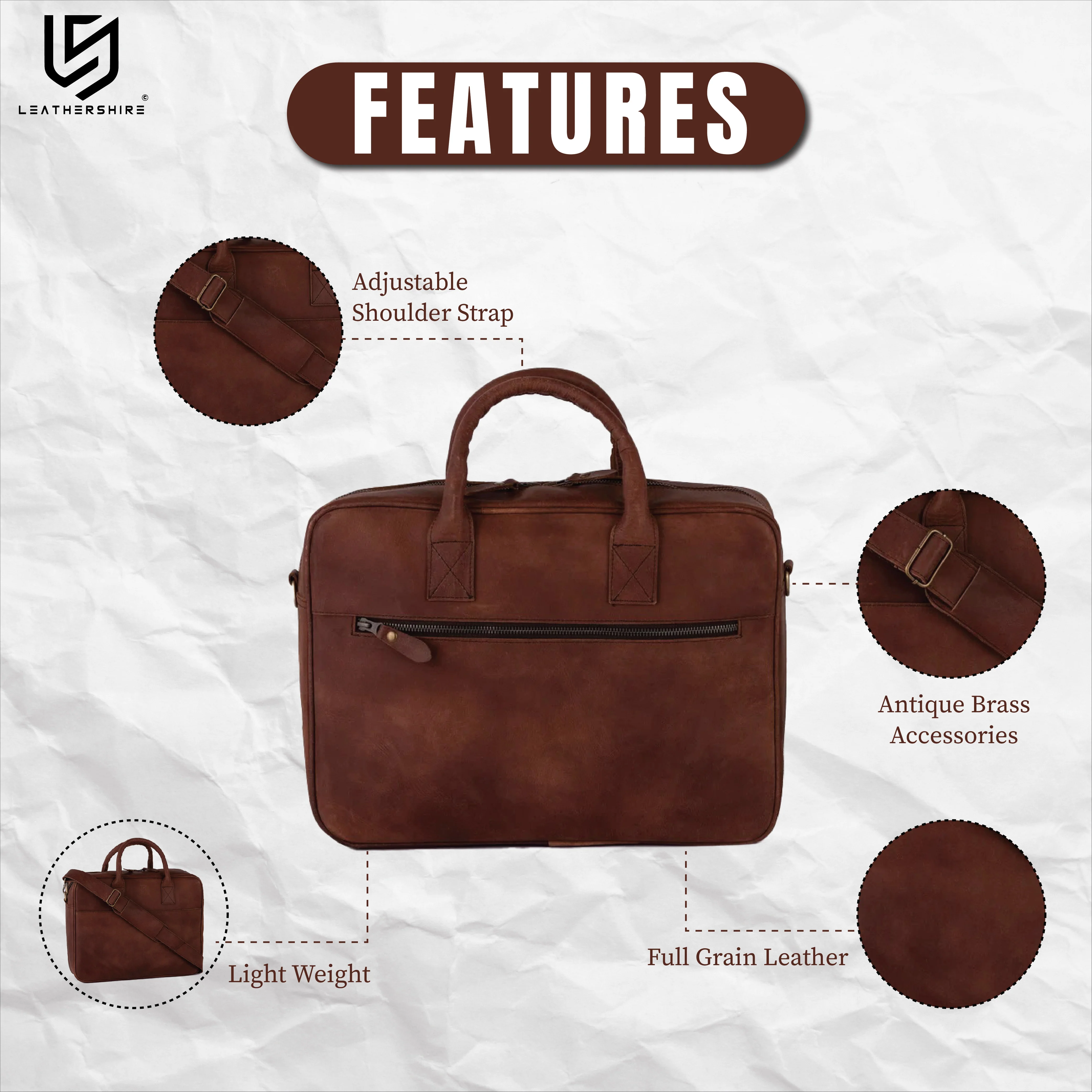 The Hertfordshire Slim Full grain Brown Leather Laptop Bag - Image 3