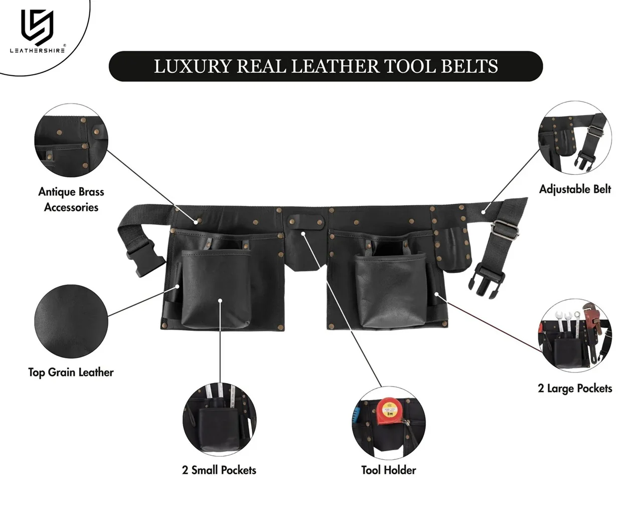 The Dorset Black Full Grain Leather Tool Belt Wrench Holder Mechanics Tool Belt - Image 3