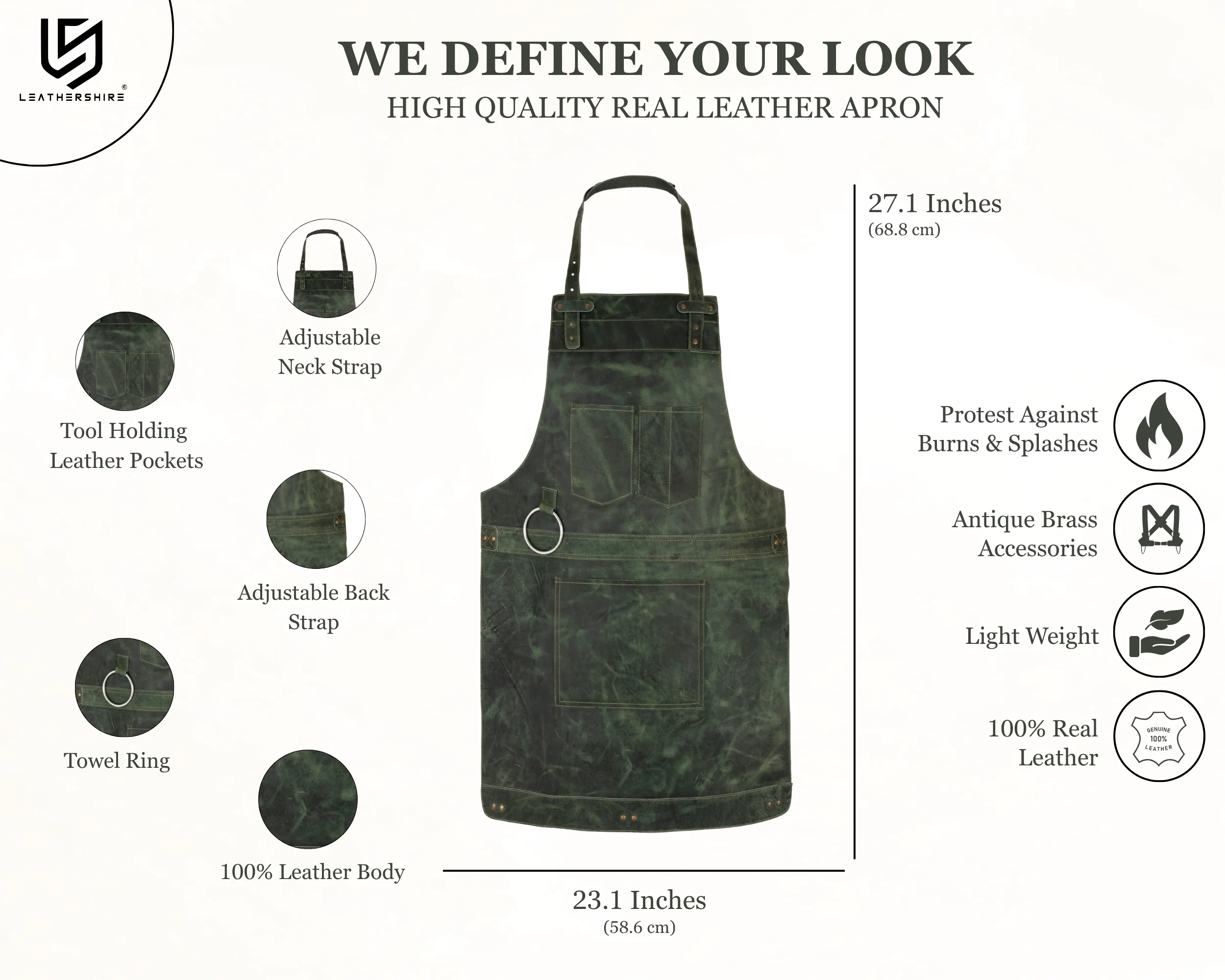 Olive Green Crazy Horse Pull up Leather apron - Image 2