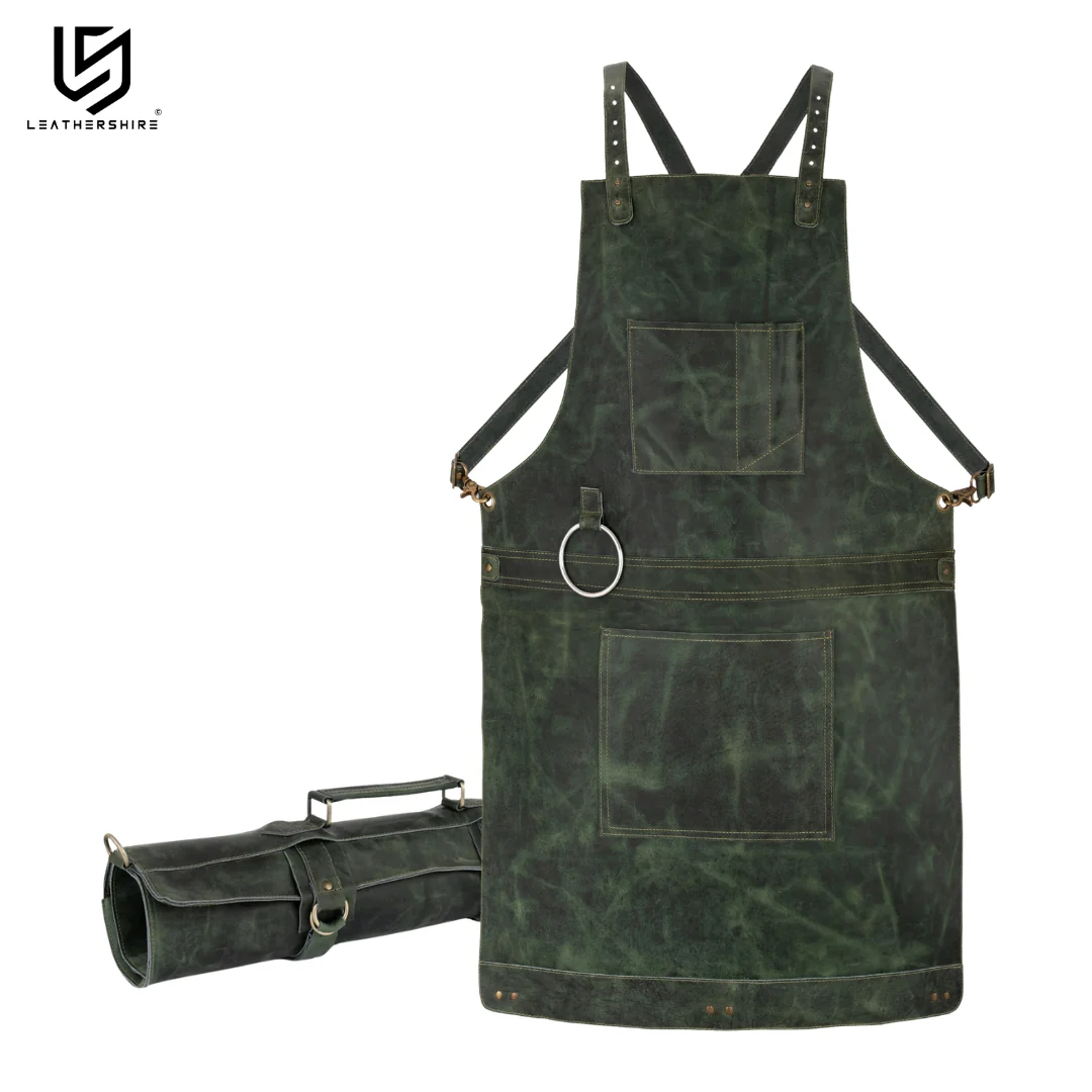 Olive Green Leather Crossbody apron and Roll Gift Set