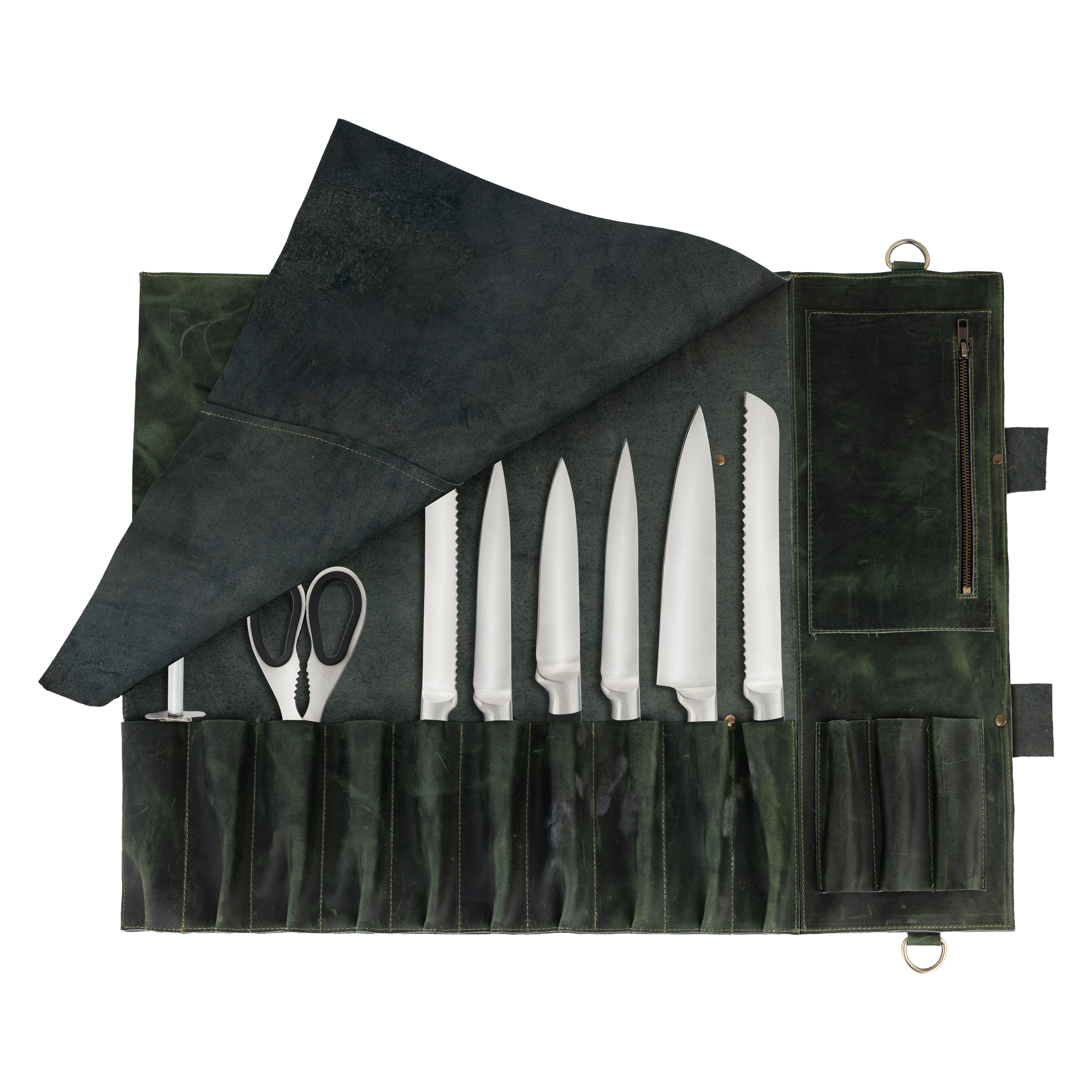 Olive Green Leather Crossbody apron and Roll Gift Set - Image 11