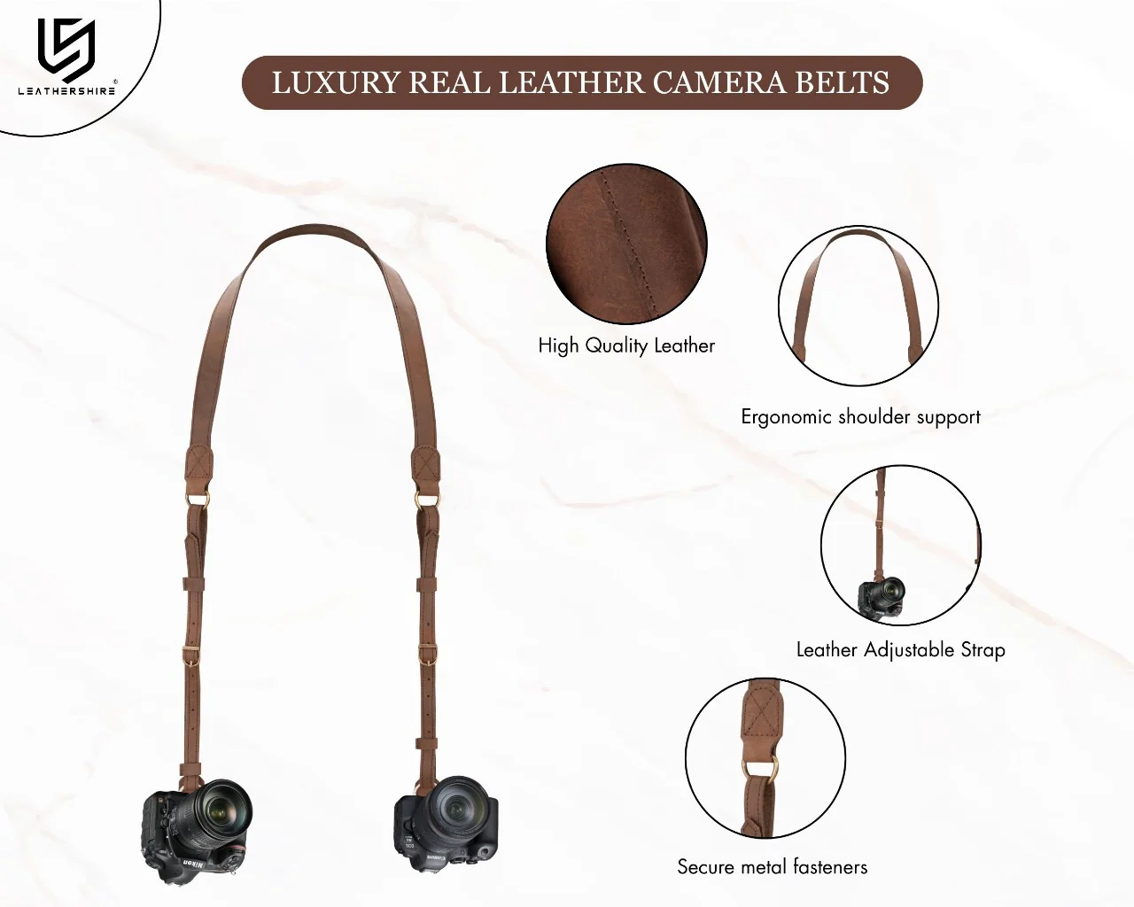 The Bedfordshire Dark Brown Leather Camera Belt A Dual Camera Strap - Image 2