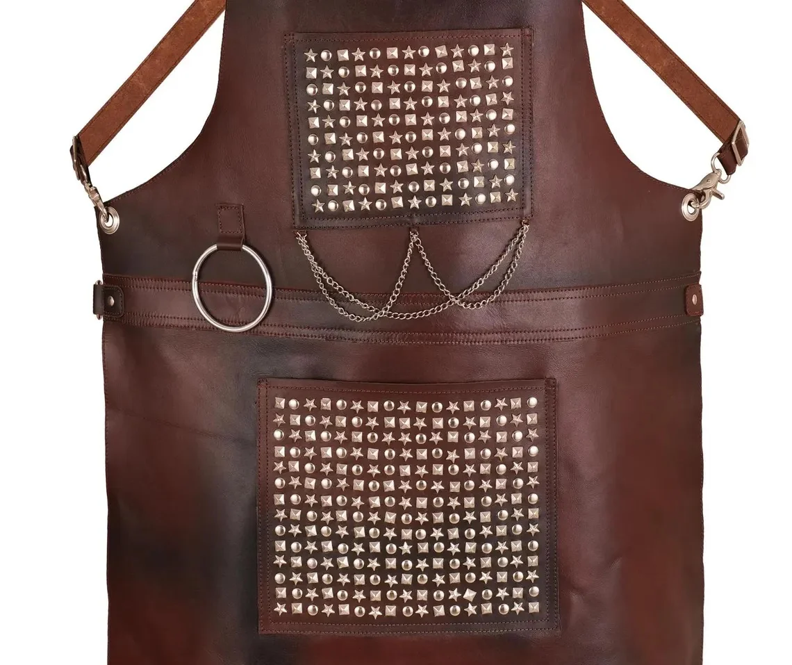 The Berkshire Brown Leather Handmade studded bonded Apron Bartender Apron - Image 3