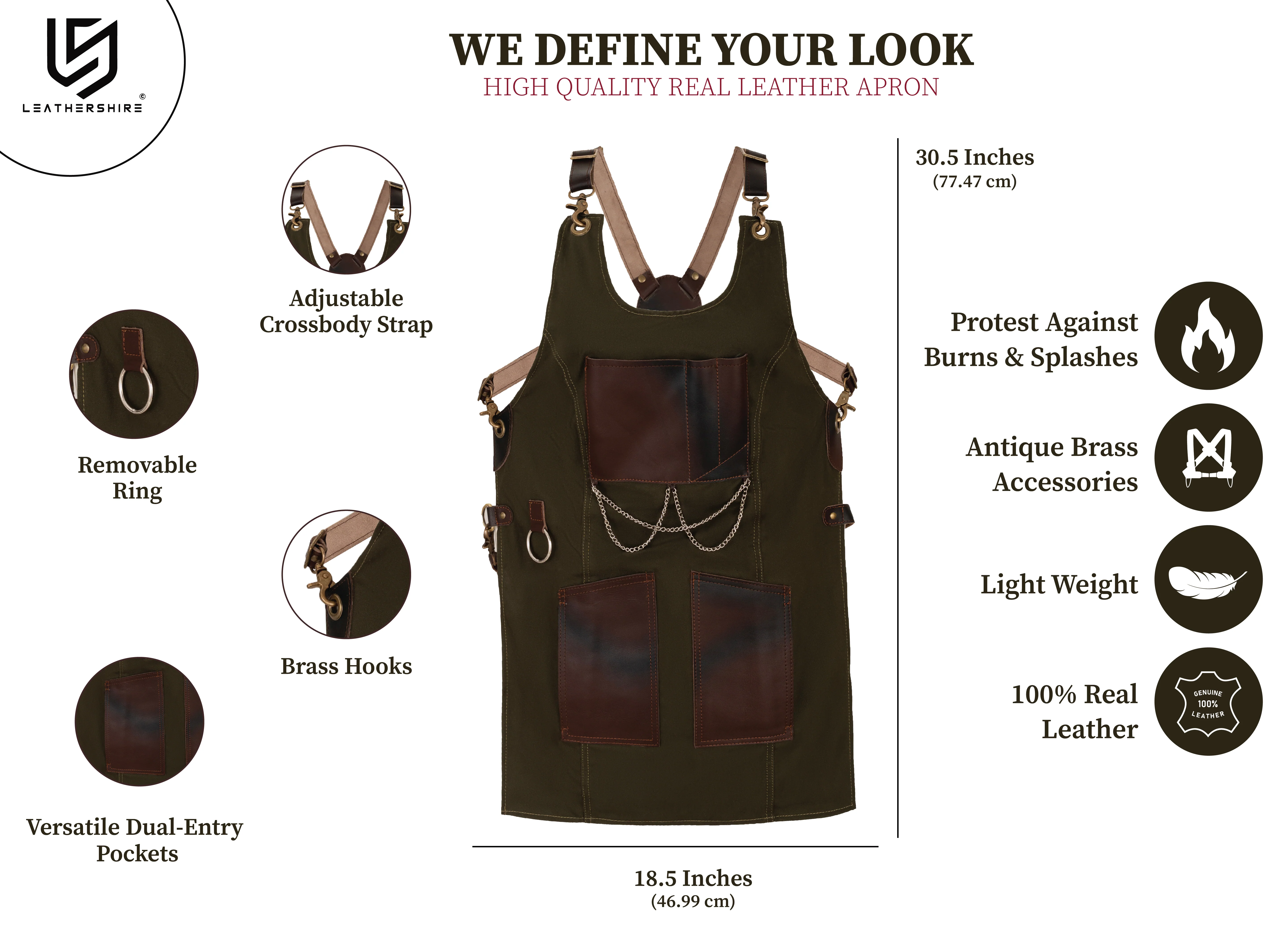 The Bedfordshire New Style Green Canvas and Leather Apron - Image 2