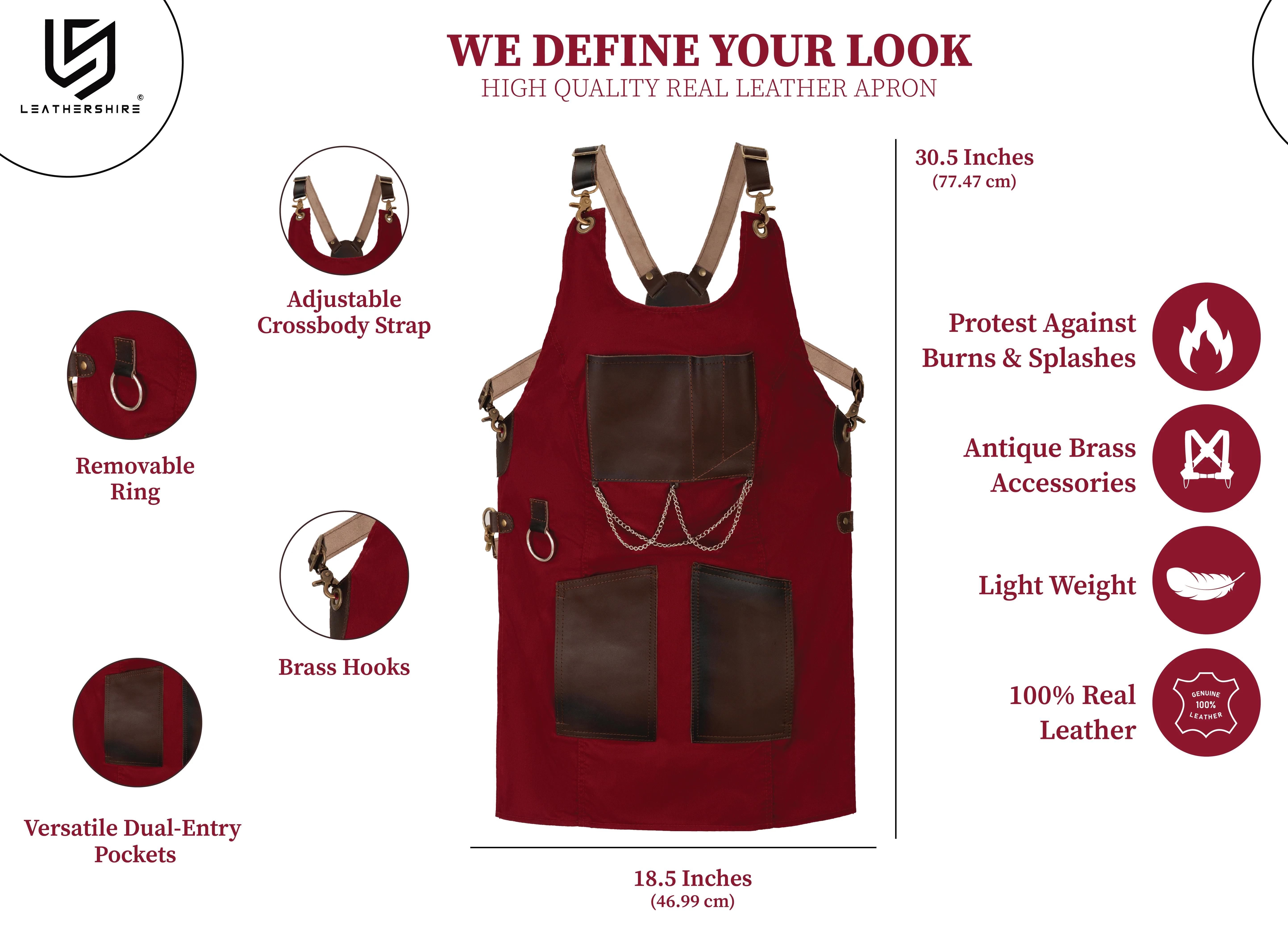 The Bedfordshire New Style Maroon Canvas and Leather Apron - Image 2