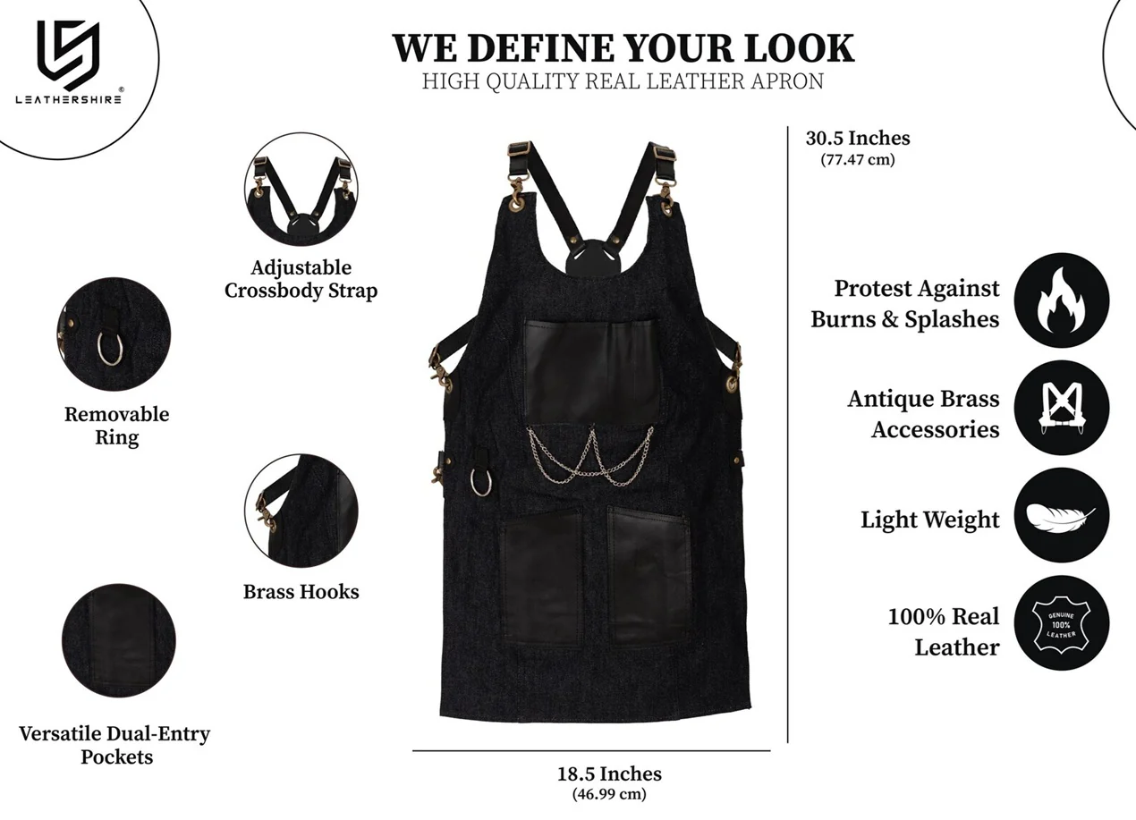 The Bedfordshire New Style Black Denim Canvas and Leather Apron - Image 4