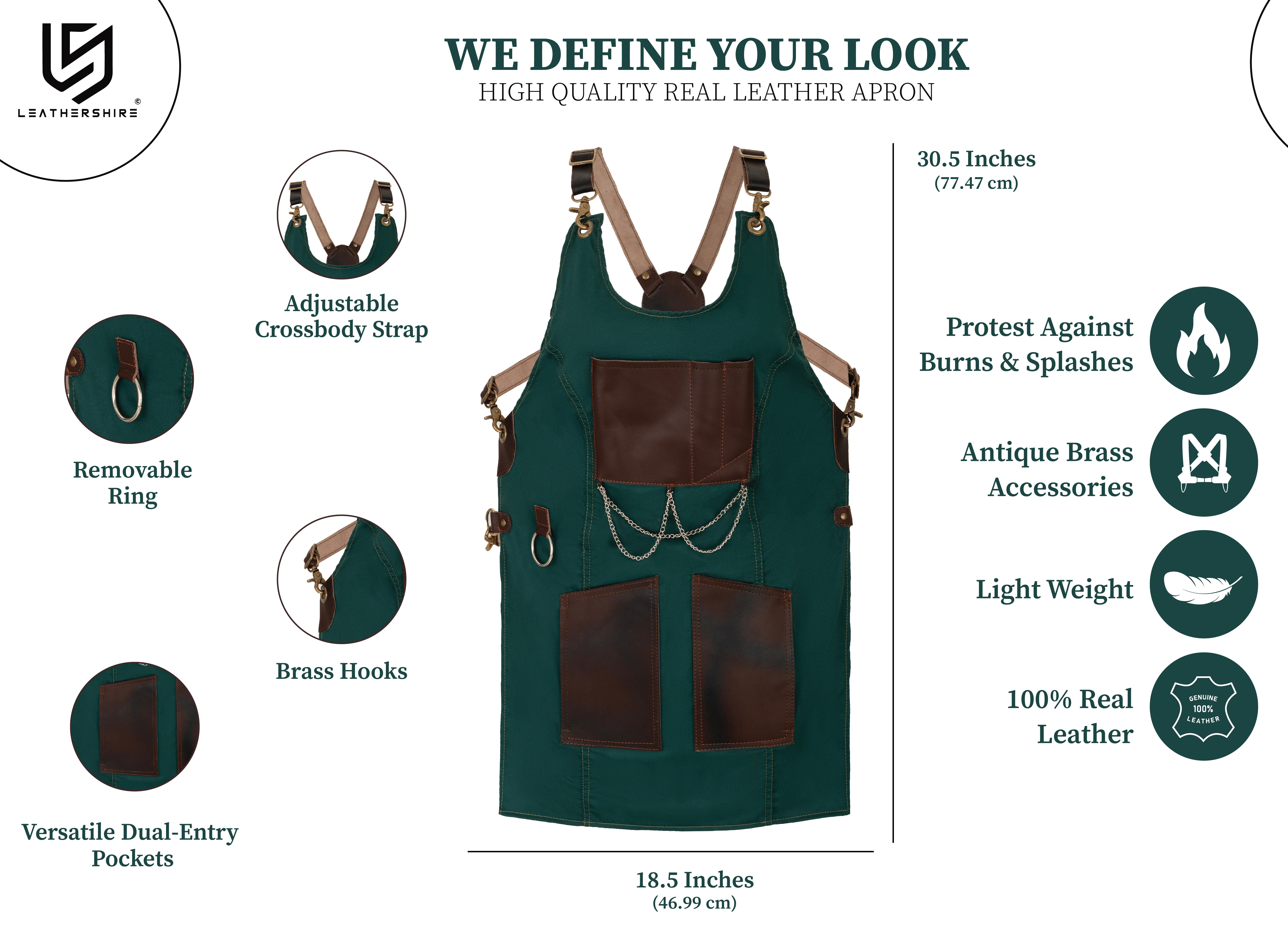 The Bedfordshire New Style Irish Green Canvas and Leather Apron - Image 2