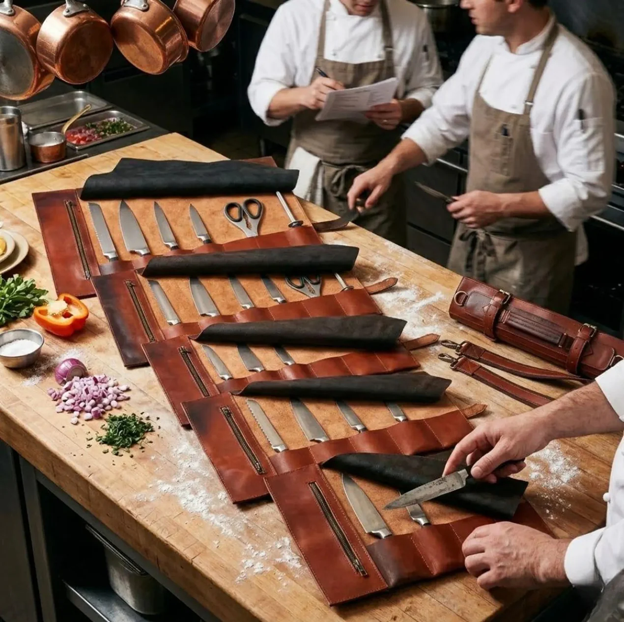Handmade Full Grain Tan Brown Leather Chef 3 - 7 Pocket Roll, Tool Holder