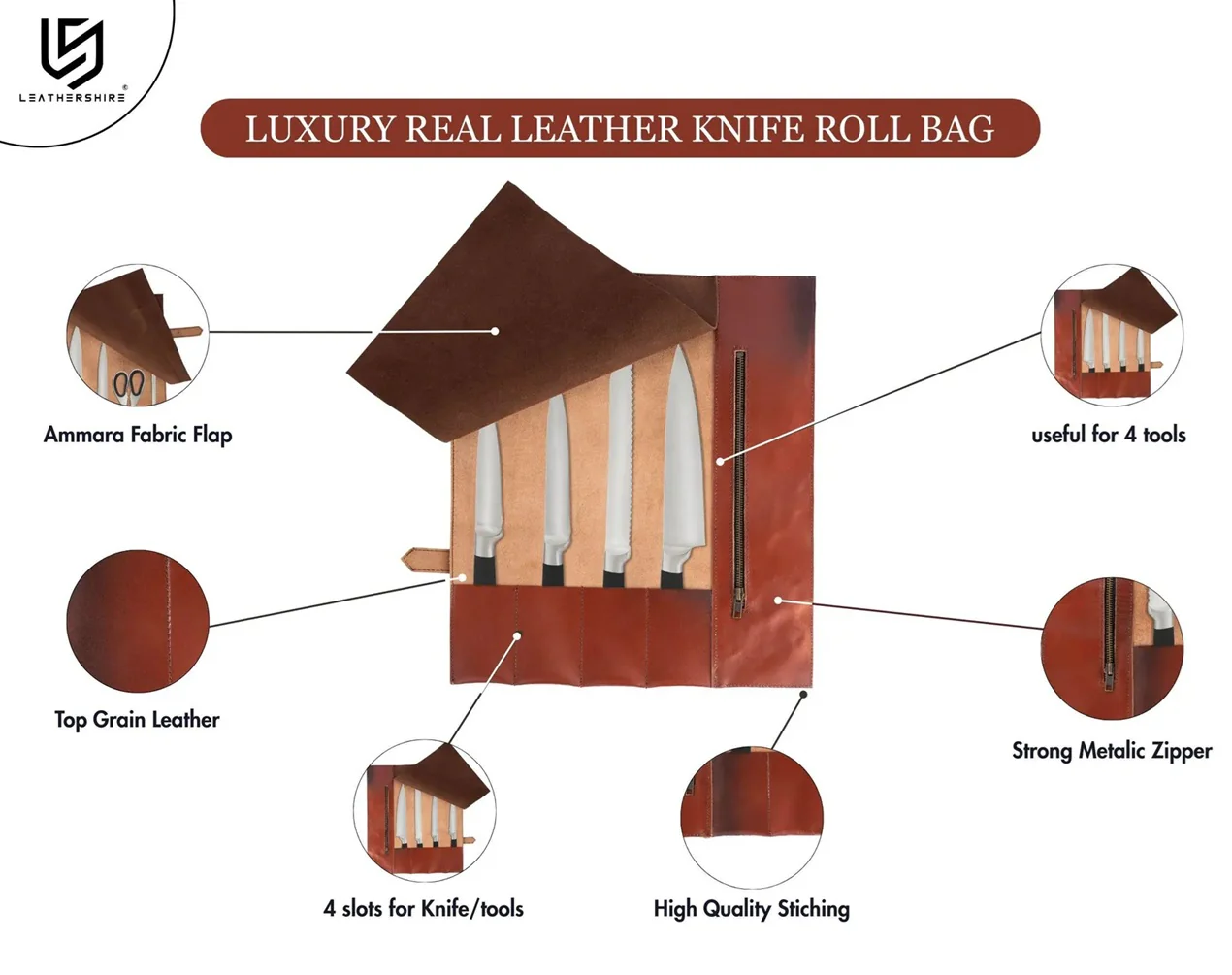 Handmade Full Grain Tan Brown Leather Chef 3 - 7 Pocket Roll, Tool Holder - Image 11