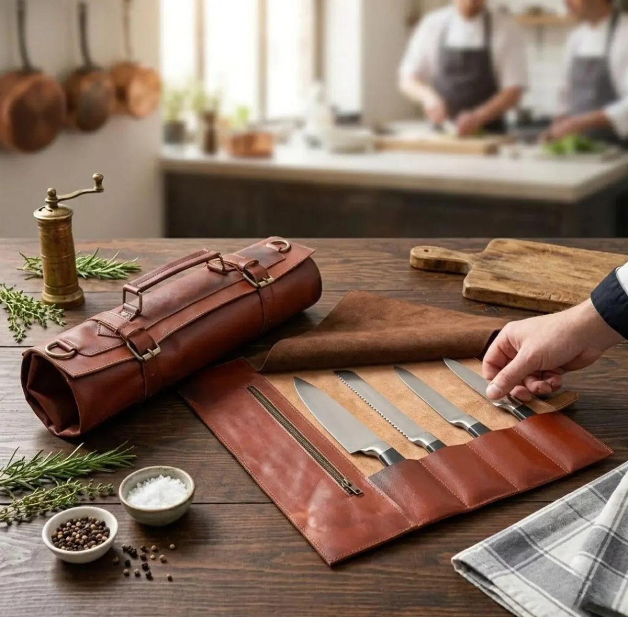 Handmade Full Grain Tan Brown Leather Chef 3 - 7 Pocket Roll, Tool Holder - Image 12