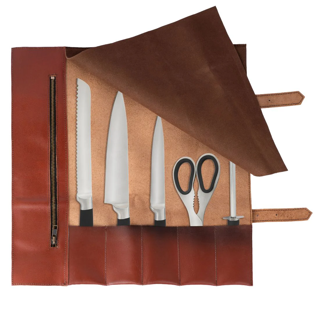 Handmade Full Grain Tan Brown Leather Chef 3 - 7 Pocket Roll, Tool Holder - Image 13