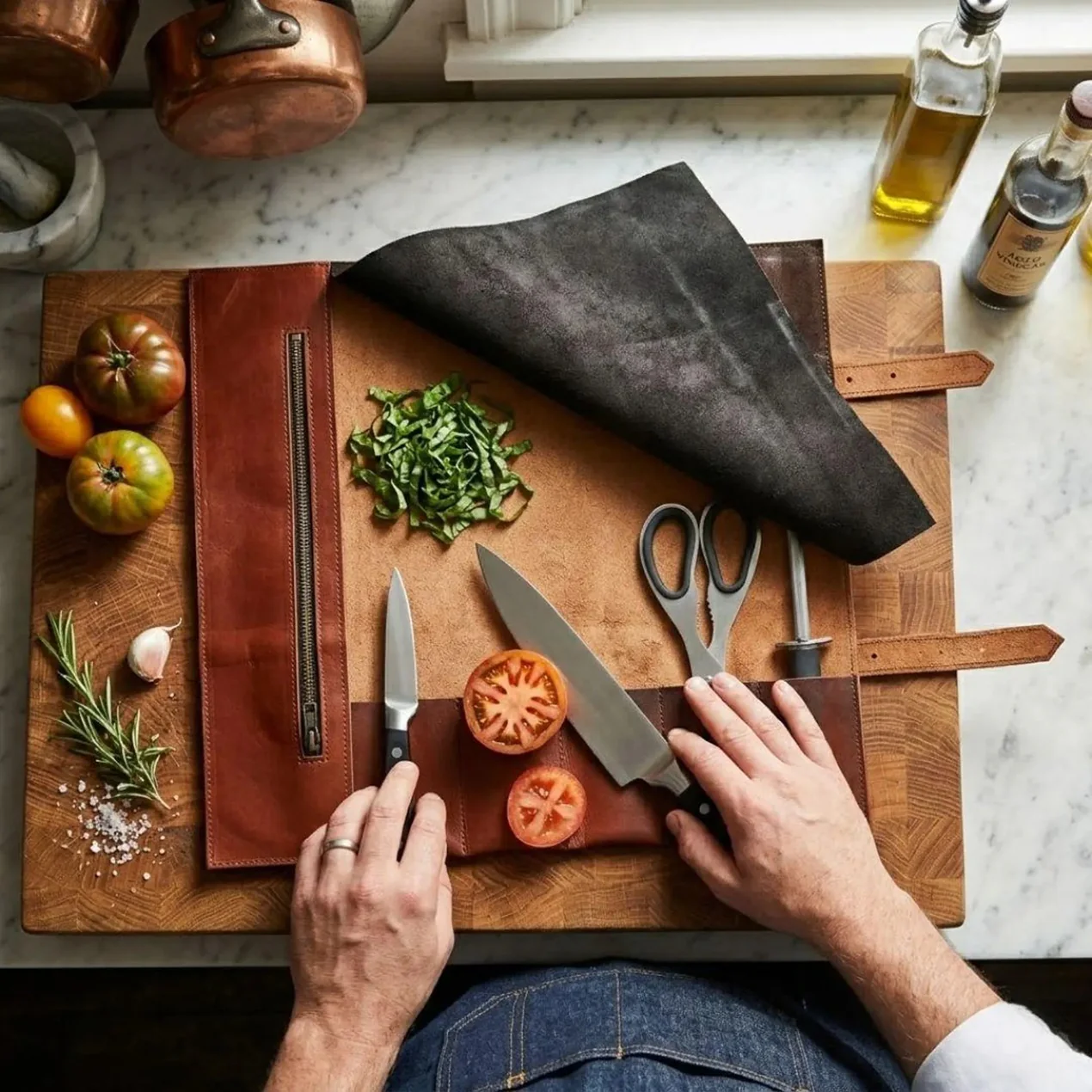 Handmade Full Grain Tan Brown Leather Chef 3 - 7 Pocket Roll, Tool Holder - Image 16