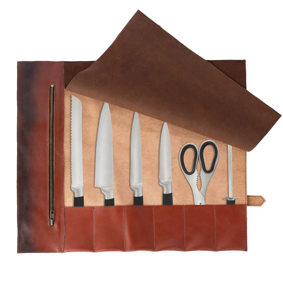 Handmade Full Grain Tan Brown Leather Chef 3 - 7 Pocket Roll, Tool Holder - Image 17