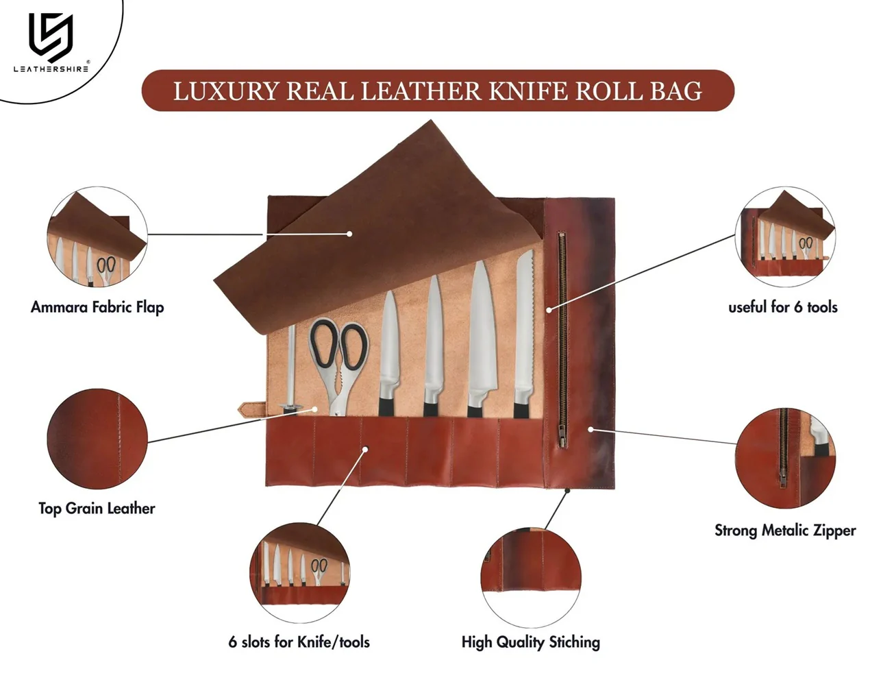 Handmade Full Grain Tan Brown Leather Chef 3 - 7 Pocket Roll, Tool Holder - Image 19