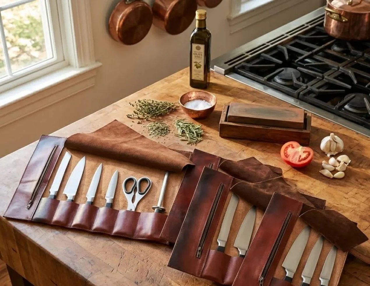 Handmade Full Grain Tan Brown Leather Chef 3 - 7 Pocket Roll, Tool Holder - Image 2