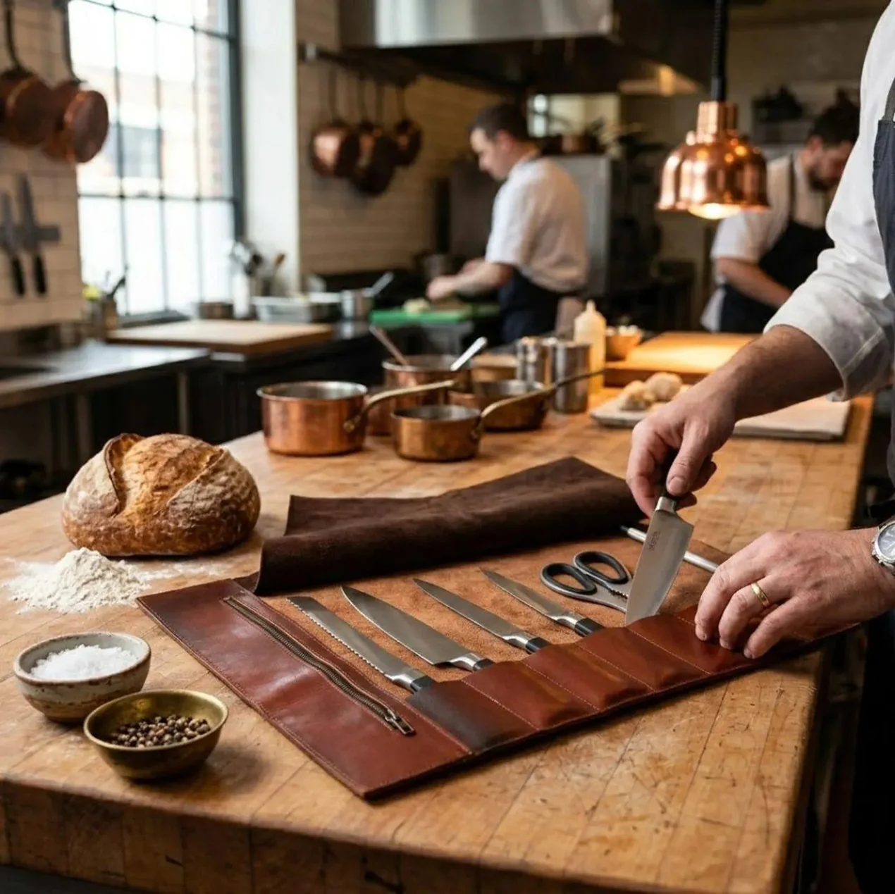 Handmade Full Grain Tan Brown Leather Chef 3 - 7 Pocket Roll, Tool Holder - Image 20