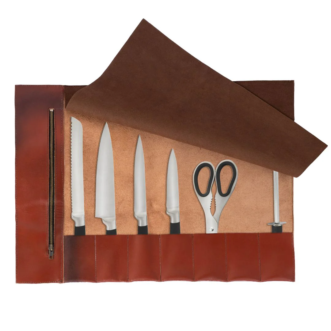 Handmade Full Grain Tan Brown Leather Chef 3 - 7 Pocket Roll, Tool Holder - Image 21