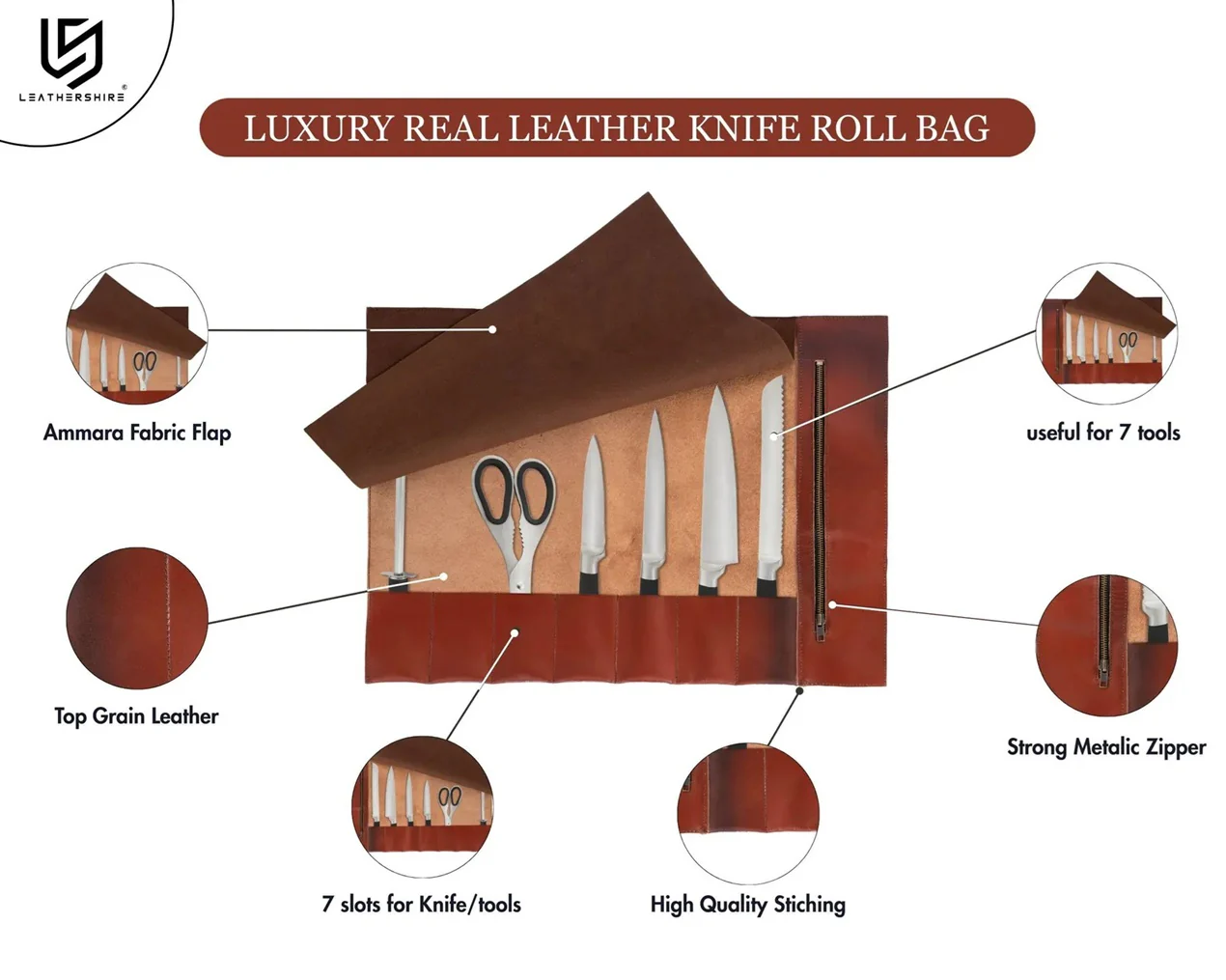 Handmade Full Grain Tan Brown Leather Chef 3 - 7 Pocket Roll, Tool Holder - Image 23