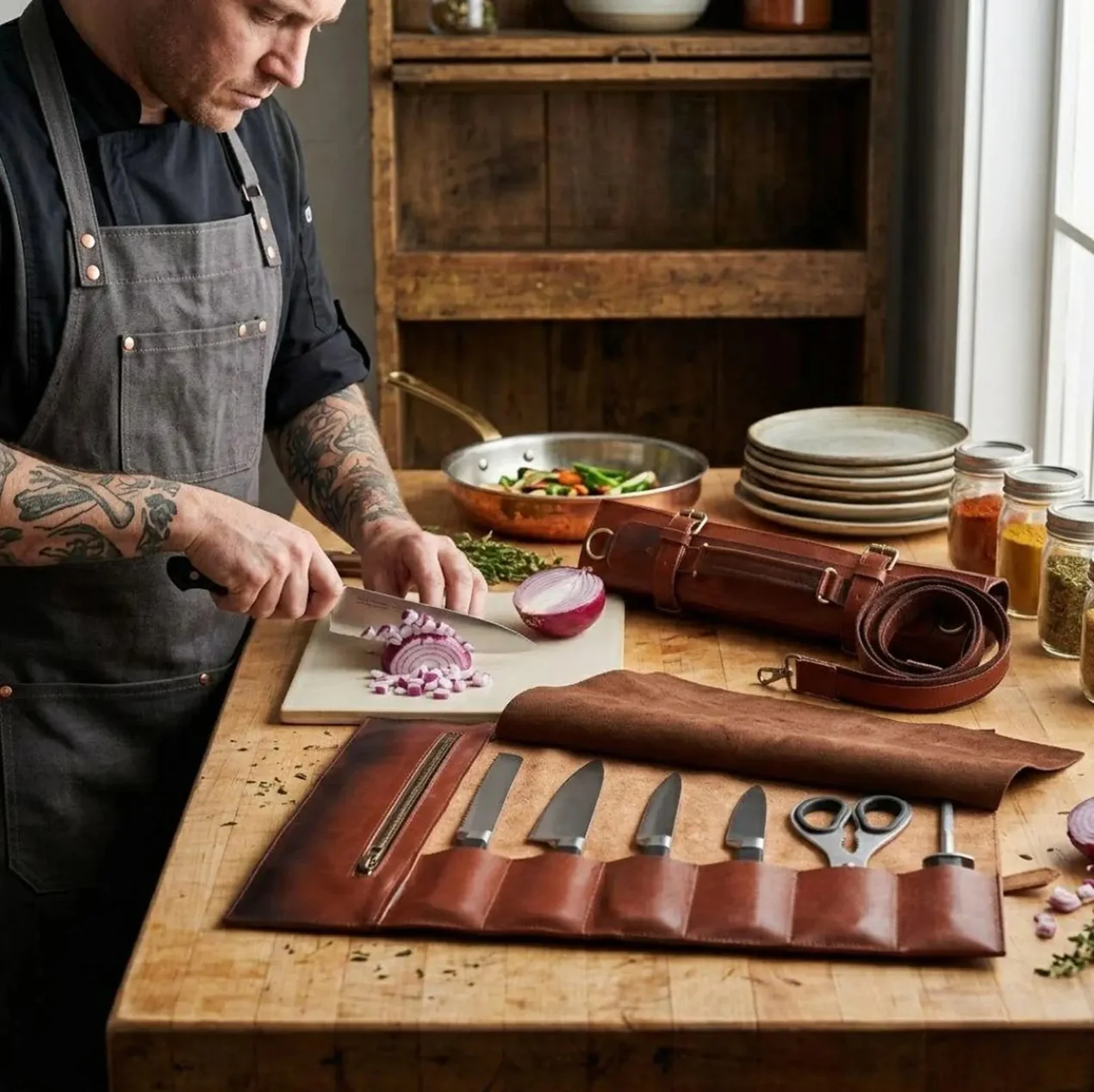 Handmade Full Grain Tan Brown Leather Chef 3 - 7 Pocket Roll, Tool Holder - Image 24