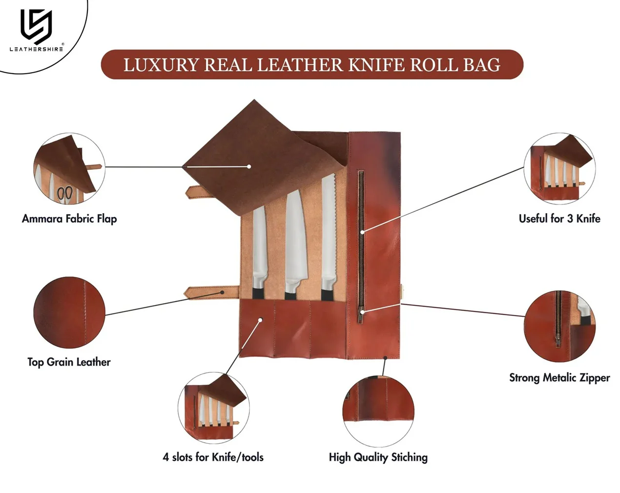 Handmade Full Grain Tan Brown Leather Chef 3 - 7 Pocket Roll, Tool Holder - Image 7