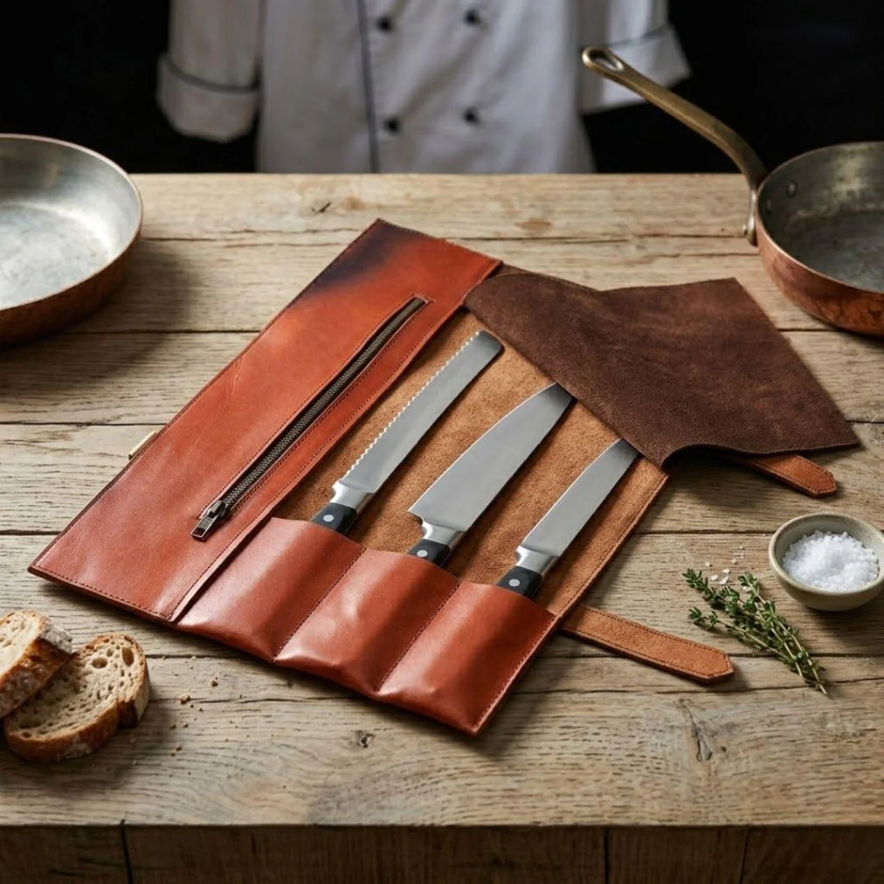 Handmade Full Grain Tan Brown Leather Chef 3 - 7 Pocket Roll, Tool Holder - Image 8