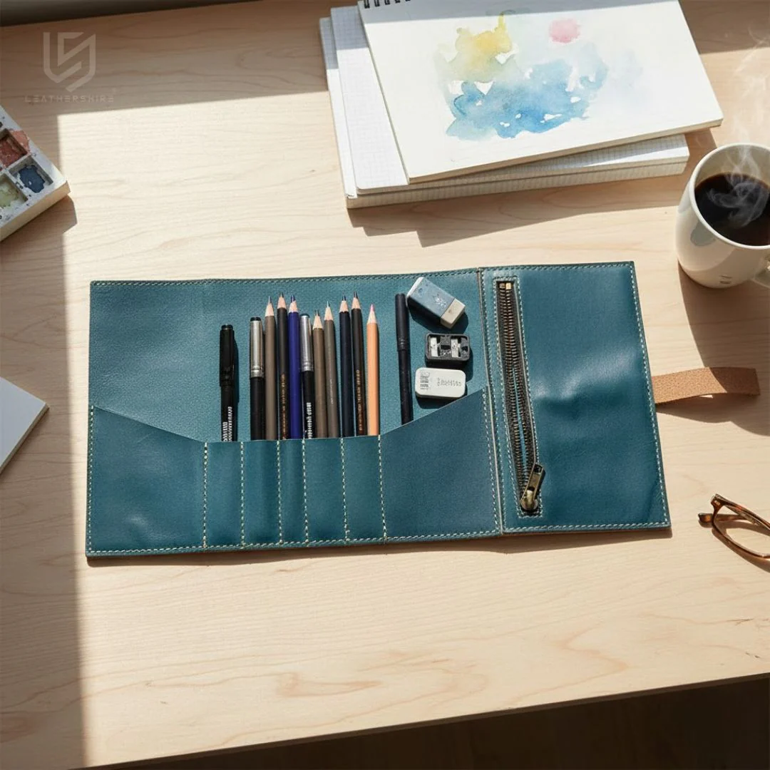The Bristol Green Leather Pencil Roll for School, Back to School Art Organizer - Image 6
