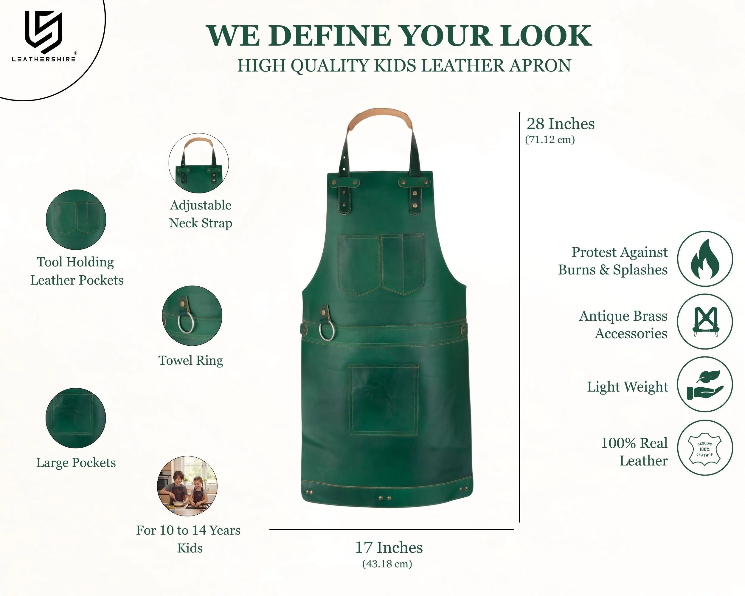 The Bristol Green Full Grain Kids Leather Apron - Image 3
