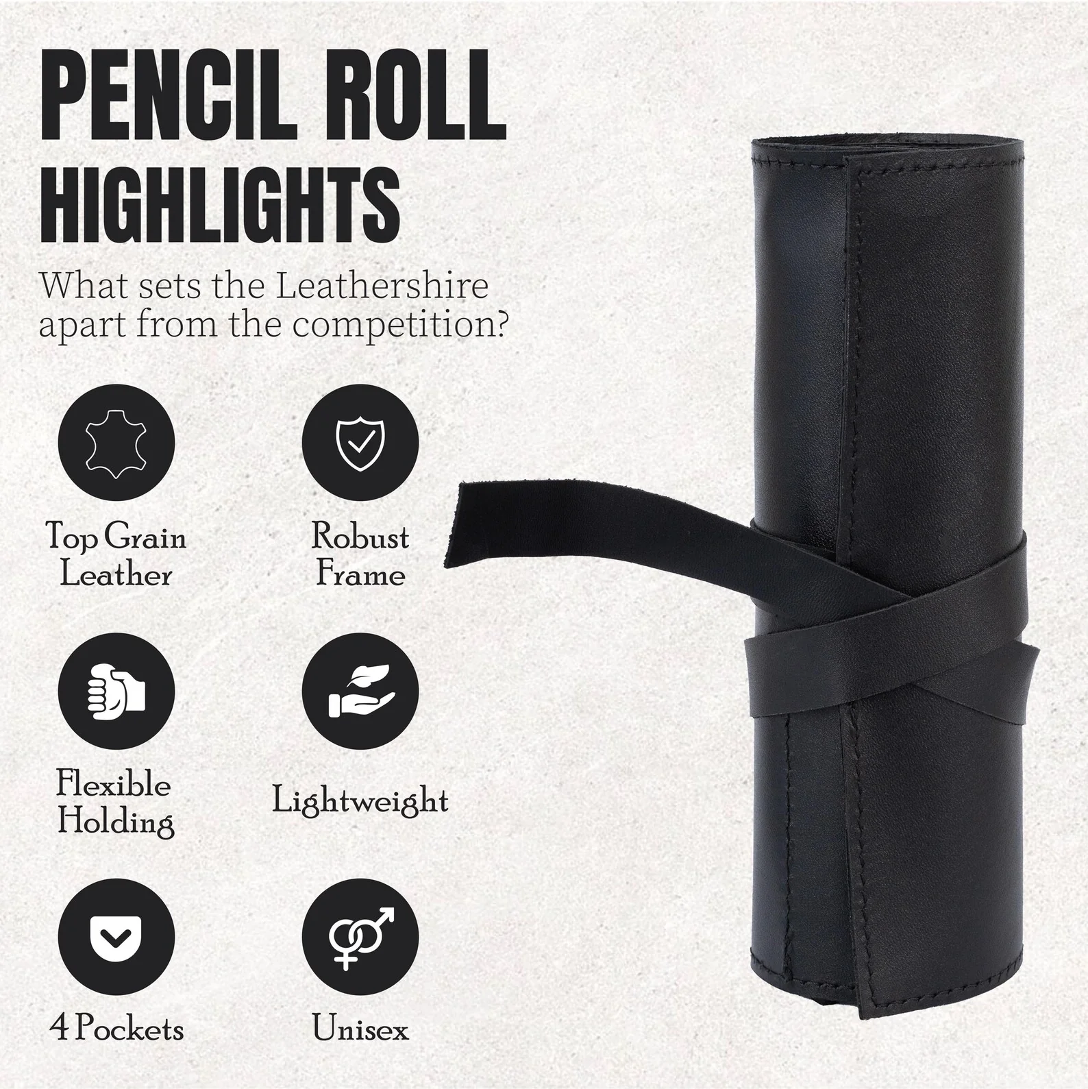 The Bristol Black Leather Pencil Roll for School, Back to School Art Organizer - Image 3