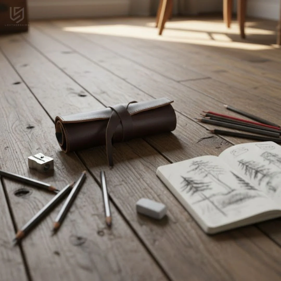 The Bristol Brown Leather Pencil Roll for School, Back to School Art Organizer - Image 6