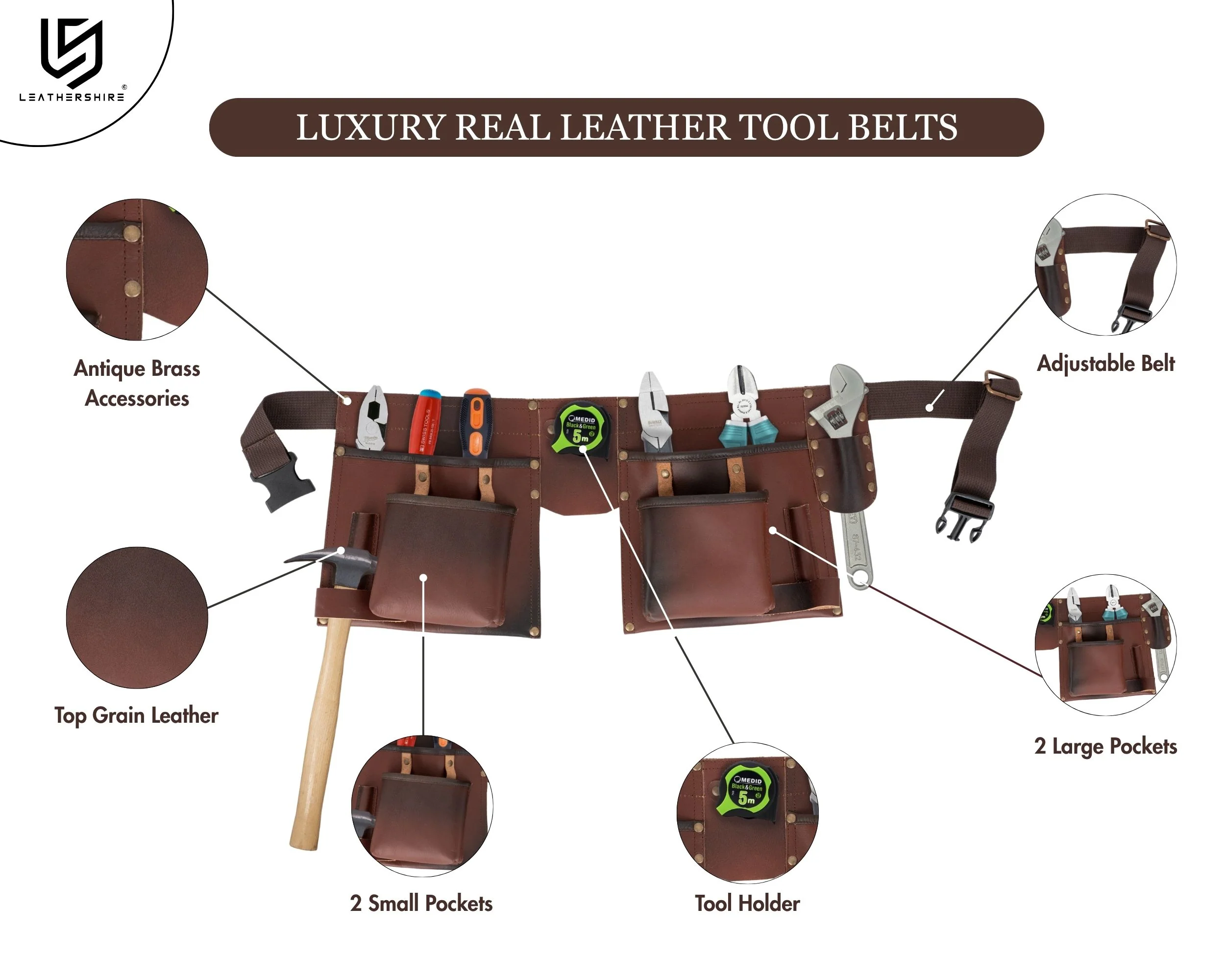 The Brown Full Grain Leather Tool Belt Wrench Holder Mechanics Tool Belt - Image 2