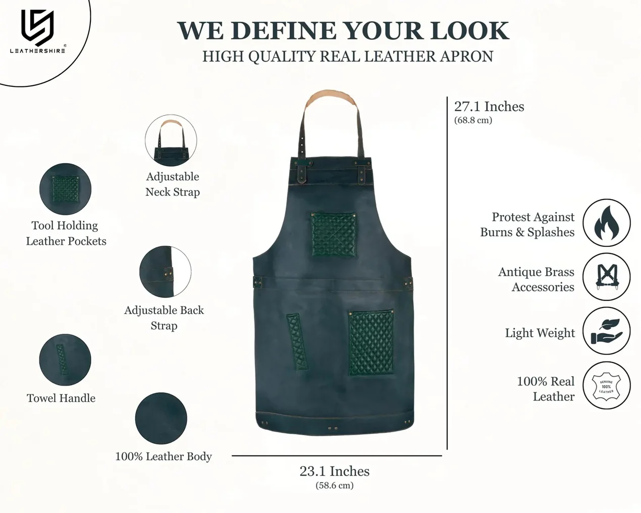 The City of London Leather Apron with handmade stitching on Leather pockets - Image 2