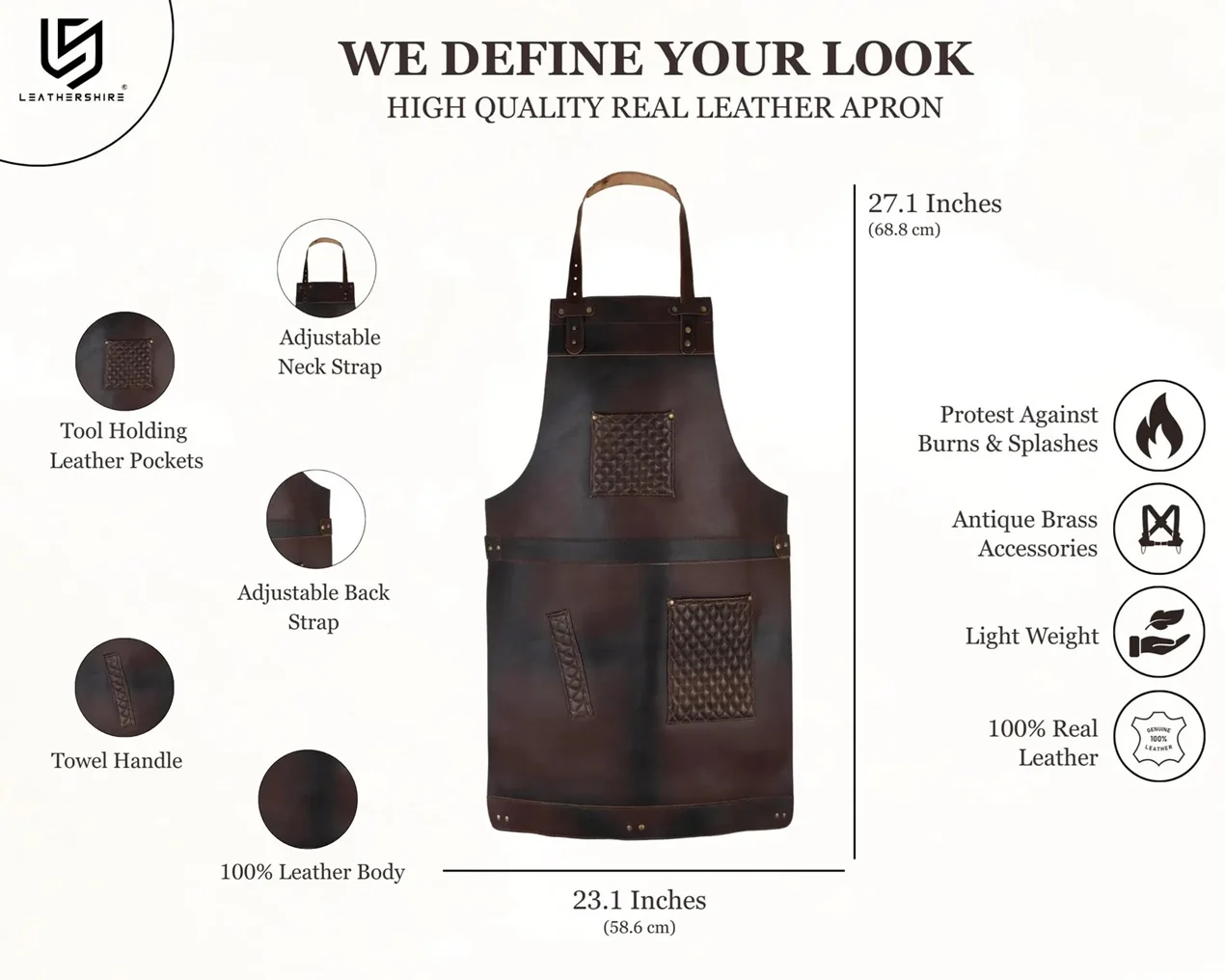 The City of London Leather Apron with handmade stitching on Leather pockets - Image 5