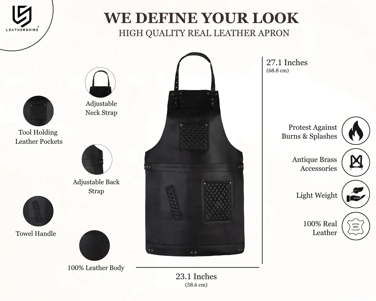 The City of London Leather Apron with handmade stitching on Leather pockets - Image 7