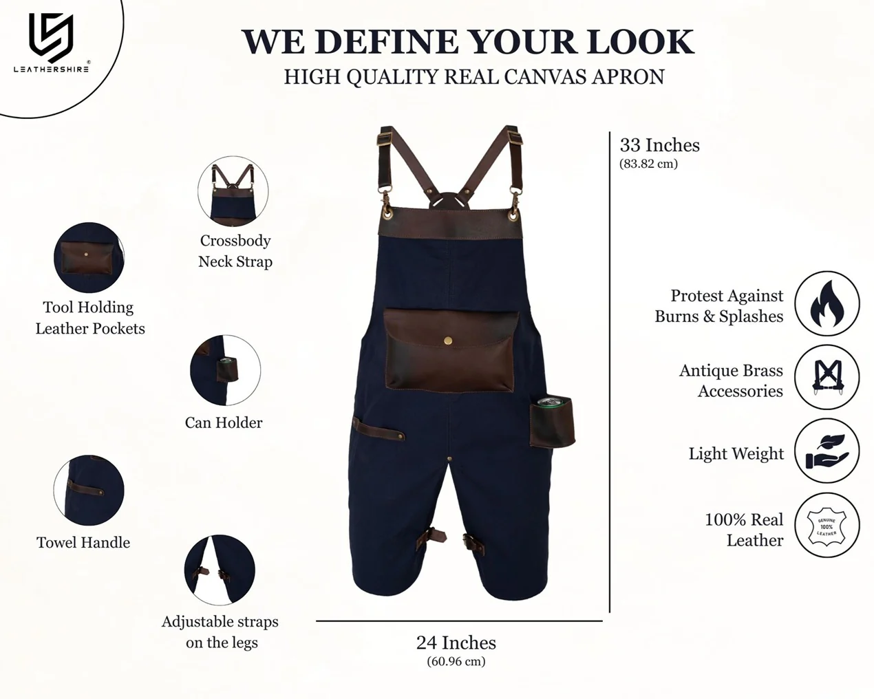 The Devon Blue Split Leg Canvas Apron with Can Holder Leather Pocket - Image 2