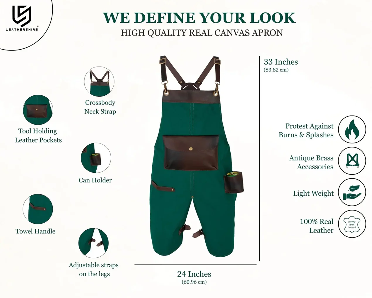 The Devon Irish Green Split Leg Canvas Apron with Can Holder Leather Pocket - Image 2