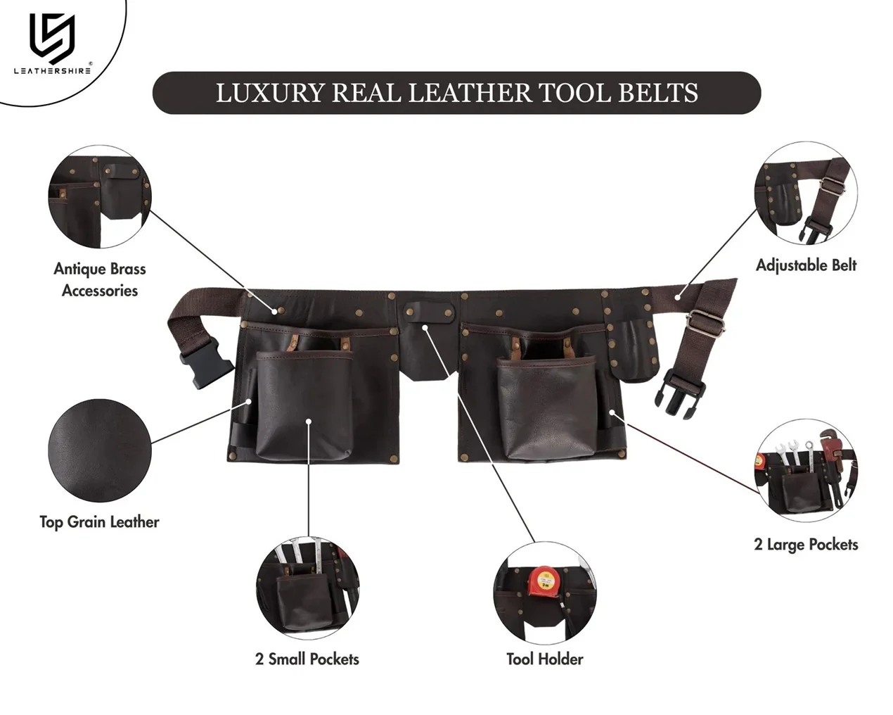 The Dorset Brown Full Grain Leather Tool Belt Wrench Holder Mechanics Tool Belt - Image 3