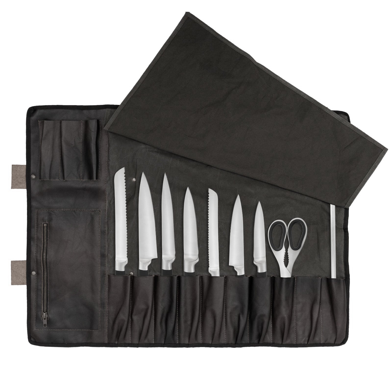 The Essex Black Waxed Canvas Leather 11 Pocket Handmade Chef Roll - Image 3