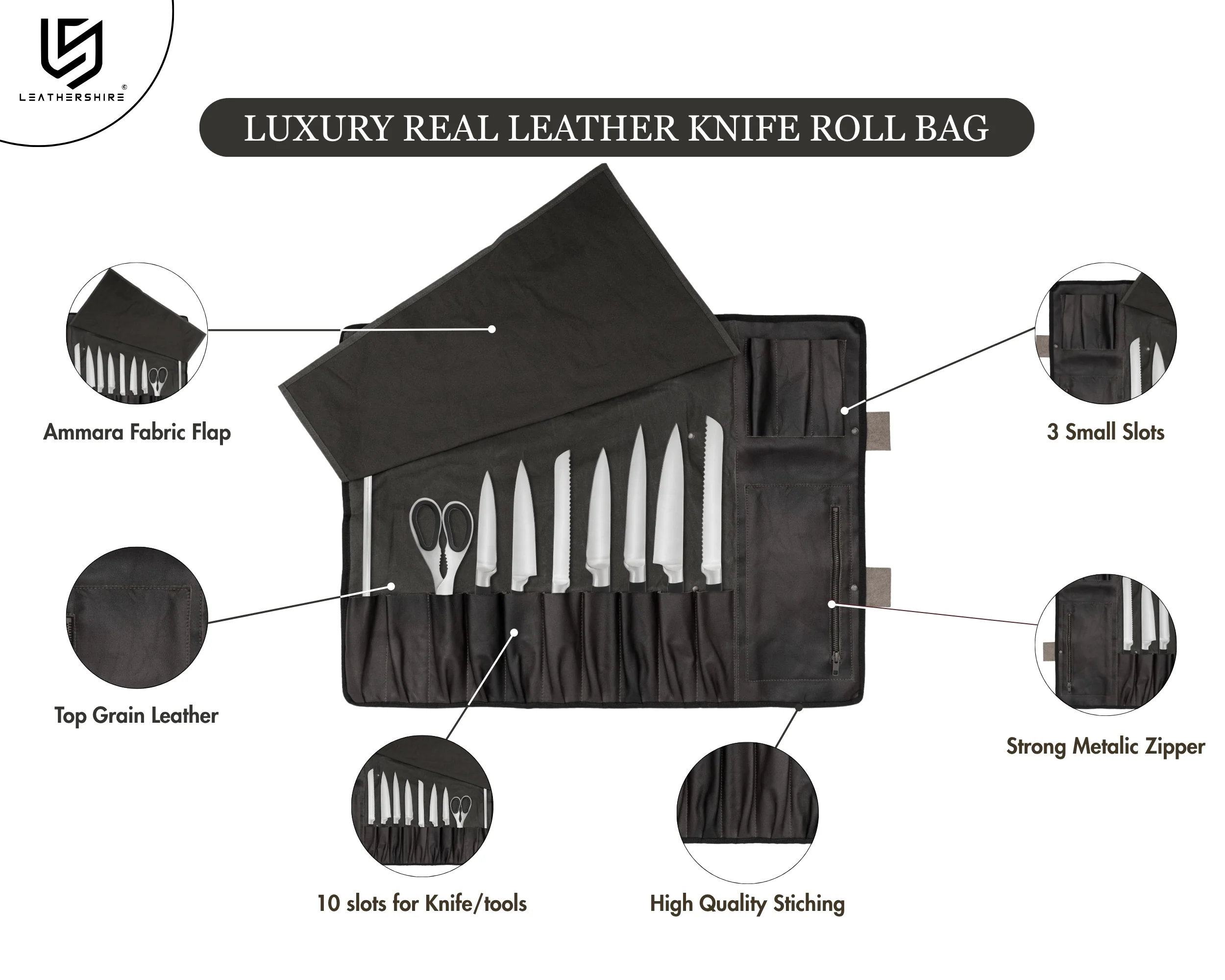 The Essex Black Waxed Canvas Leather 11 Pocket Handmade Chef Roll - Image 4