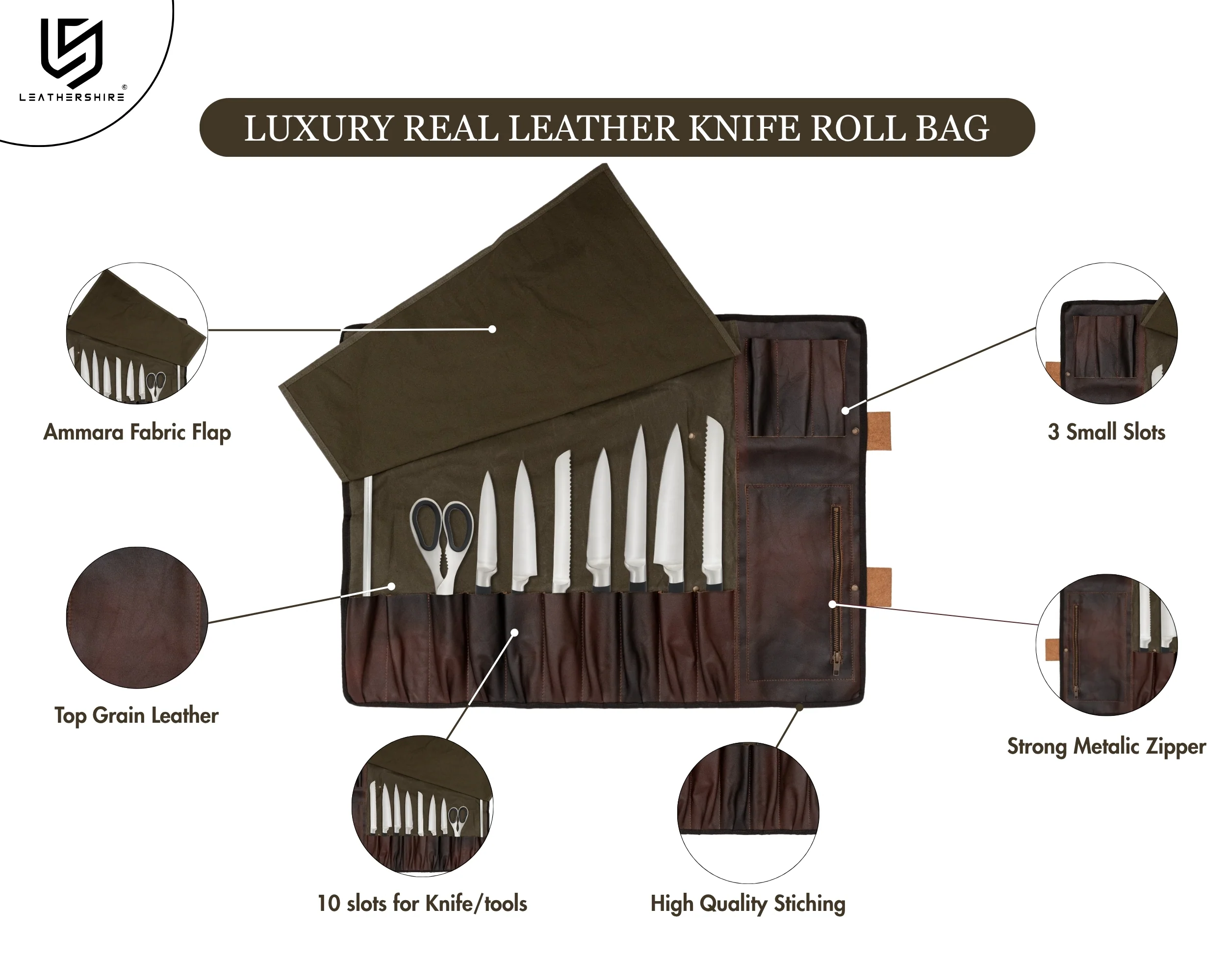 The Essex Green Waxed Canvas Leather 11 Pocket Handmade Chef Roll - Image 4