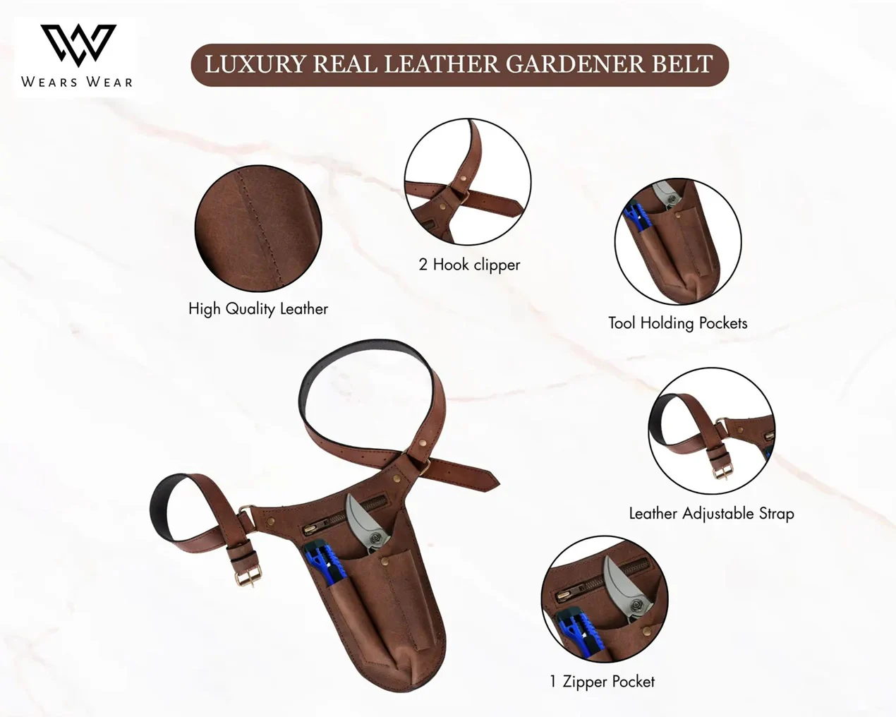 The Essex Brown Gardener & Hair Artist Stylish Leather Tool Belt - Image 3