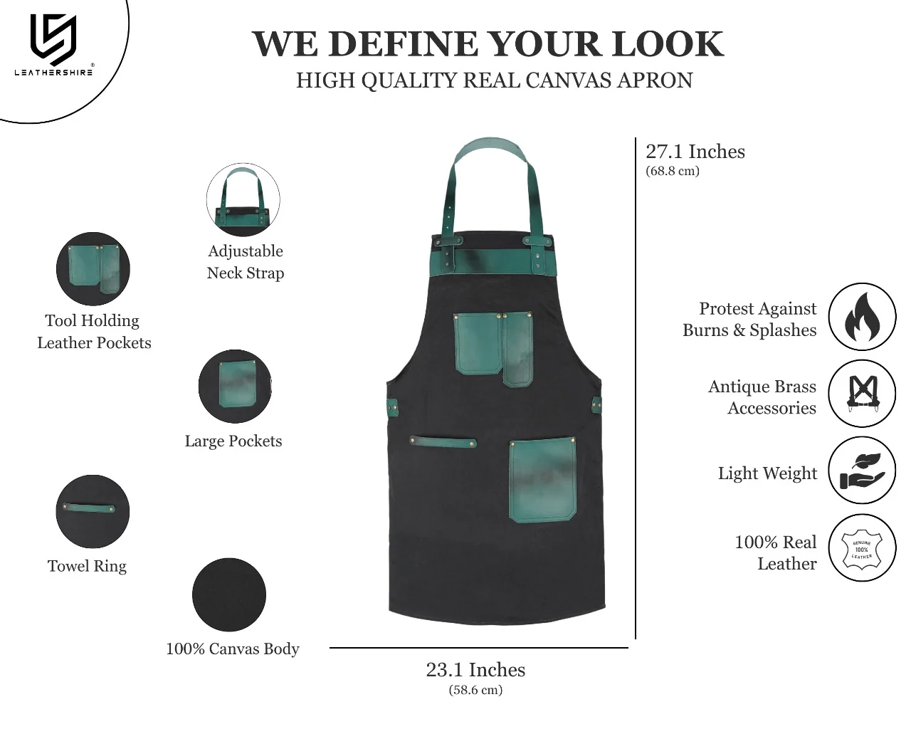 The Essex Canvas Green Handmade Leather Pocket Apron - Image 2