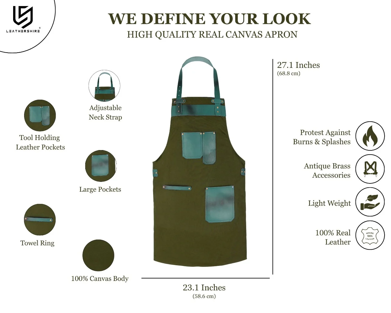 The Essex Canvas Green Handmade Leather Pocket Apron - Image 4