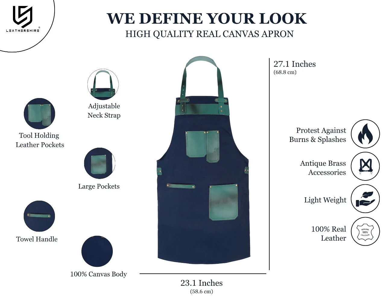 The Essex Canvas Green Handmade Leather Pocket Apron - Image 6