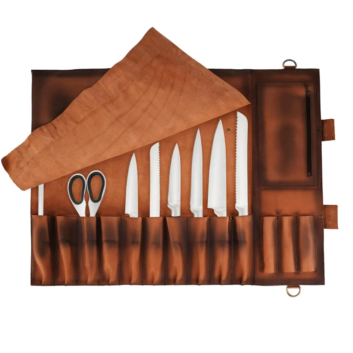 The Chef Pro Deluxe Set (4-in-1) Tan Brown Crossbody Leather Apron with Leather Knife Roll & Leather Tool Belt & leather Mitts - Image 11