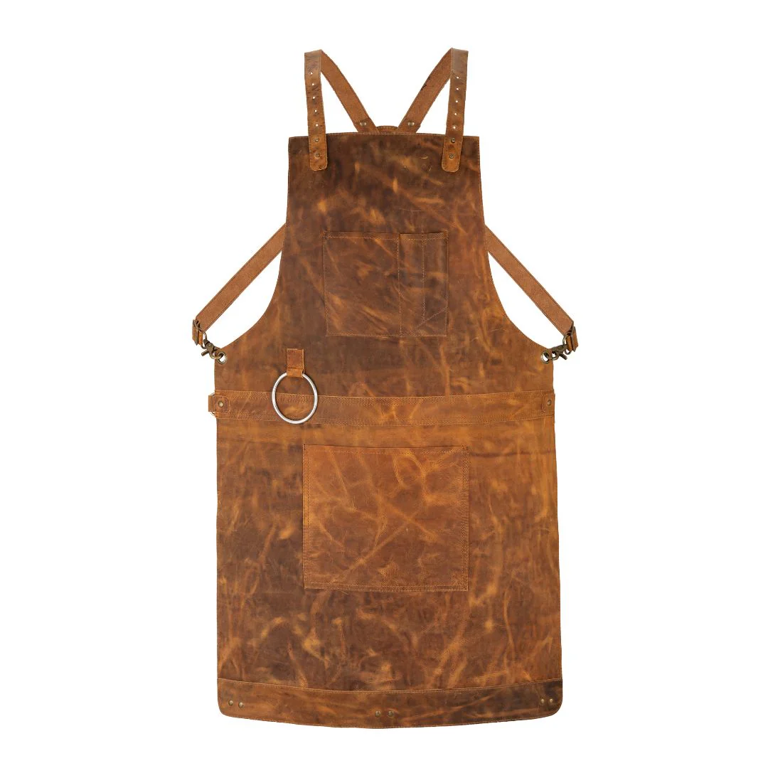 The Chef Pro Deluxe Set (4-in-1) Tan Brown Crossbody Leather Apron with Leather Knife Roll & Leather Tool Belt & leather Mitts - Image 2