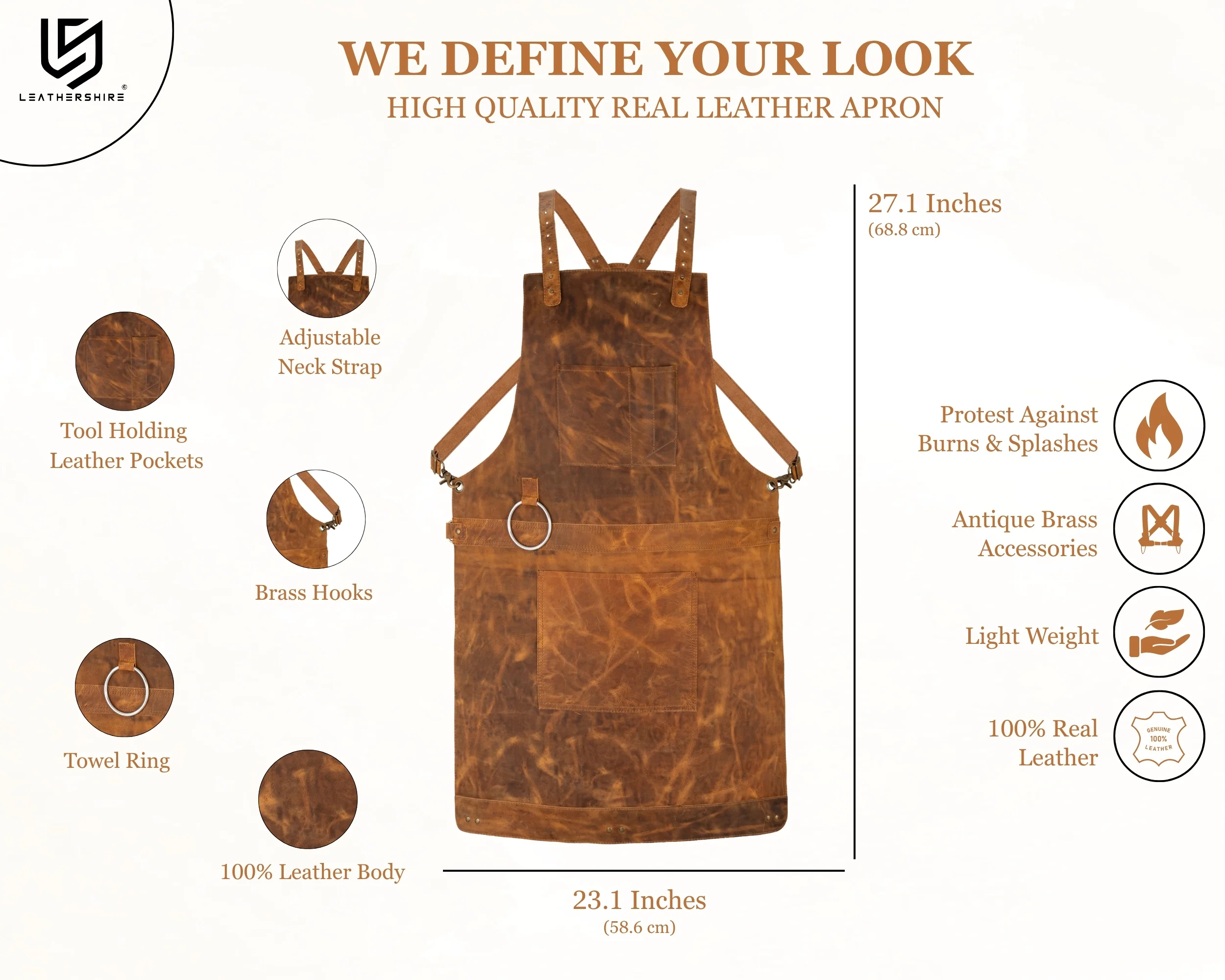 The Chef Pro Deluxe Set (4-in-1) Tan Brown Crossbody Leather Apron with Leather Knife Roll & Leather Tool Belt & leather Mitts - Image 6
